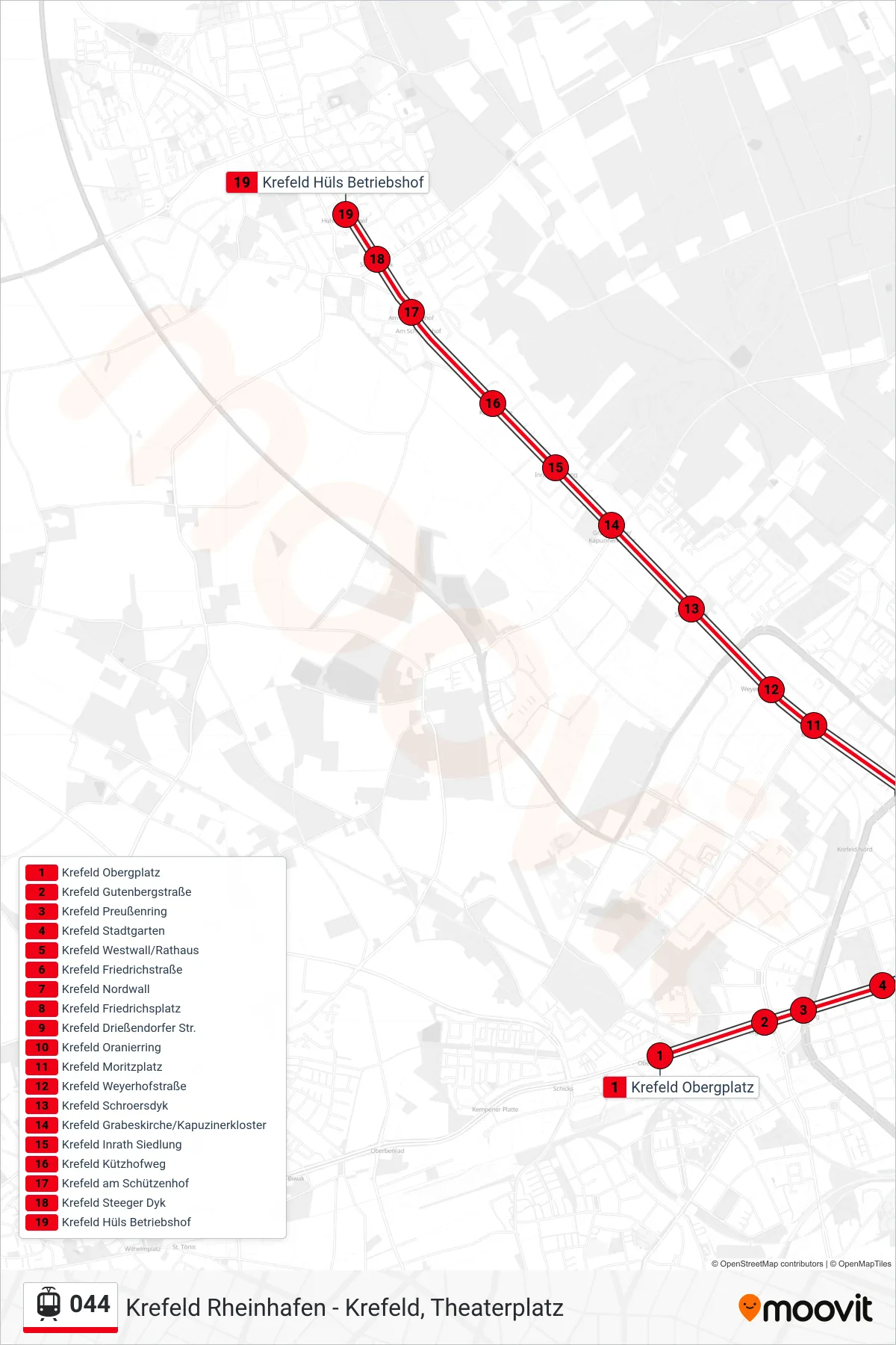 044 light rail Line (Krefeld Hüls Betriebshof) route and stops on a map