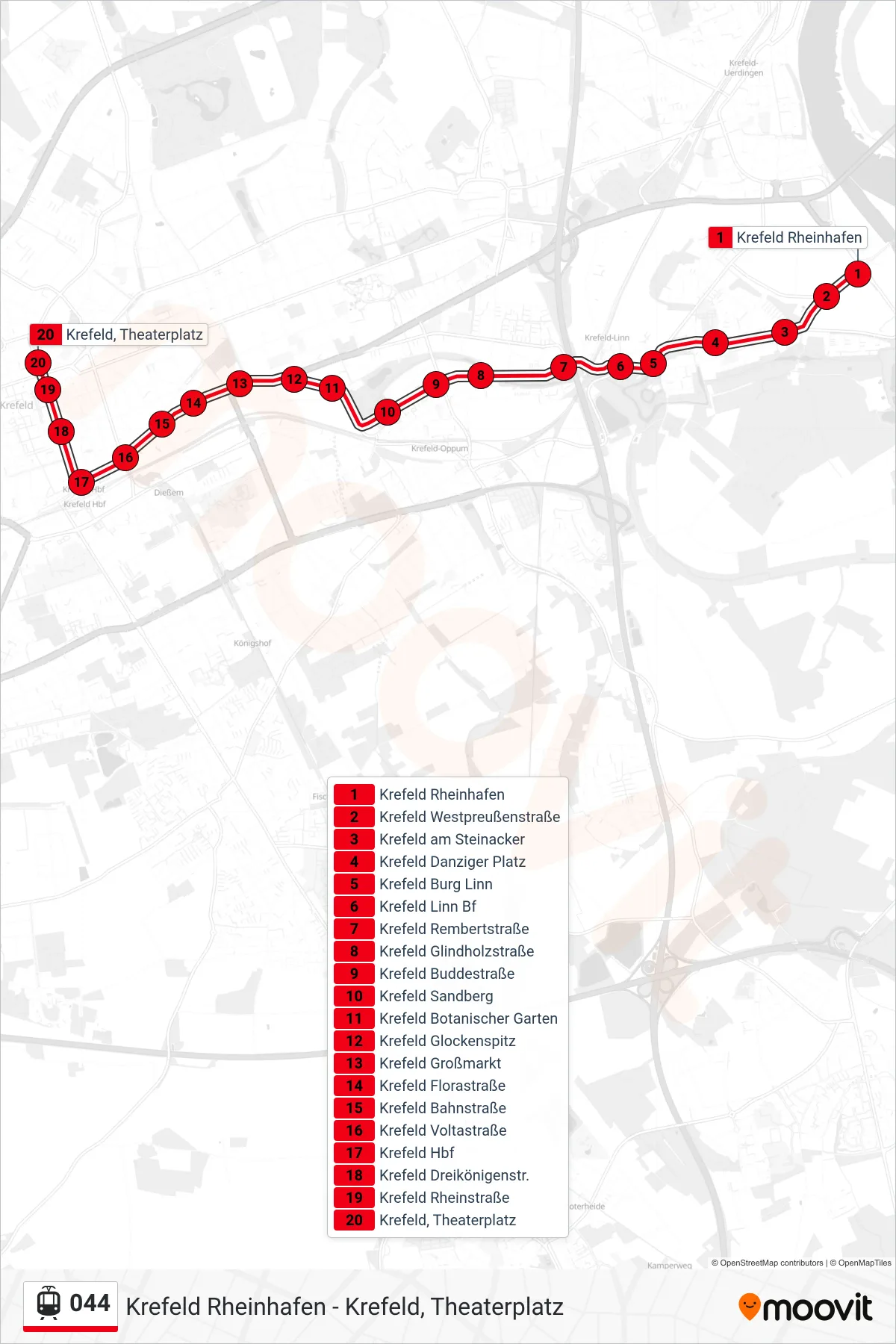 044 light rail Line (Krefeld, Theaterplatz) route and stops on a map