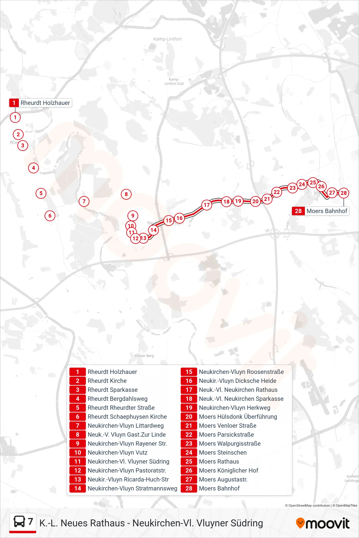 Linie 7 (Bus) Richtung Moers Bahnhof: Route und Haltestellen auf der Karte