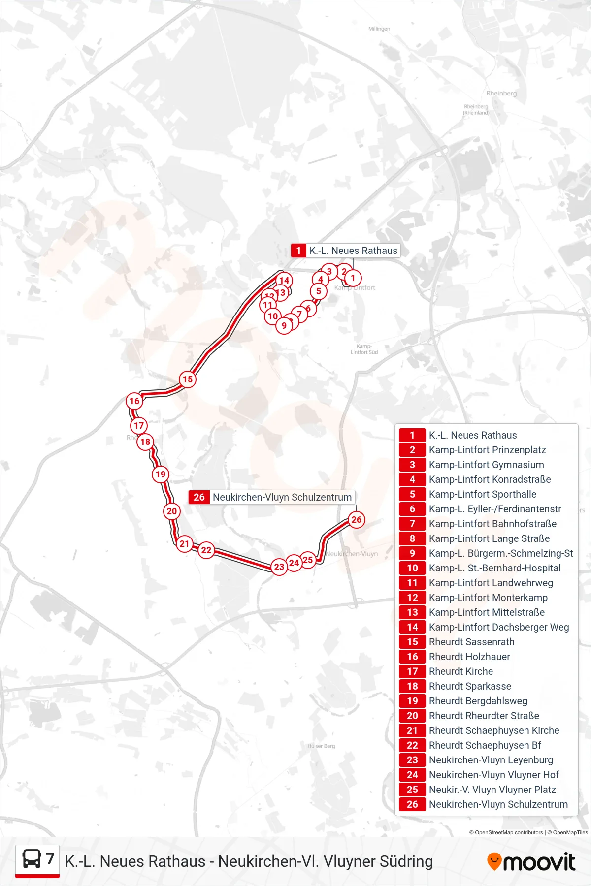 Linie 7 (Bus) Richtung Neukirchen-Vluyn Schulzentrum: Route und Haltestellen auf der Karte