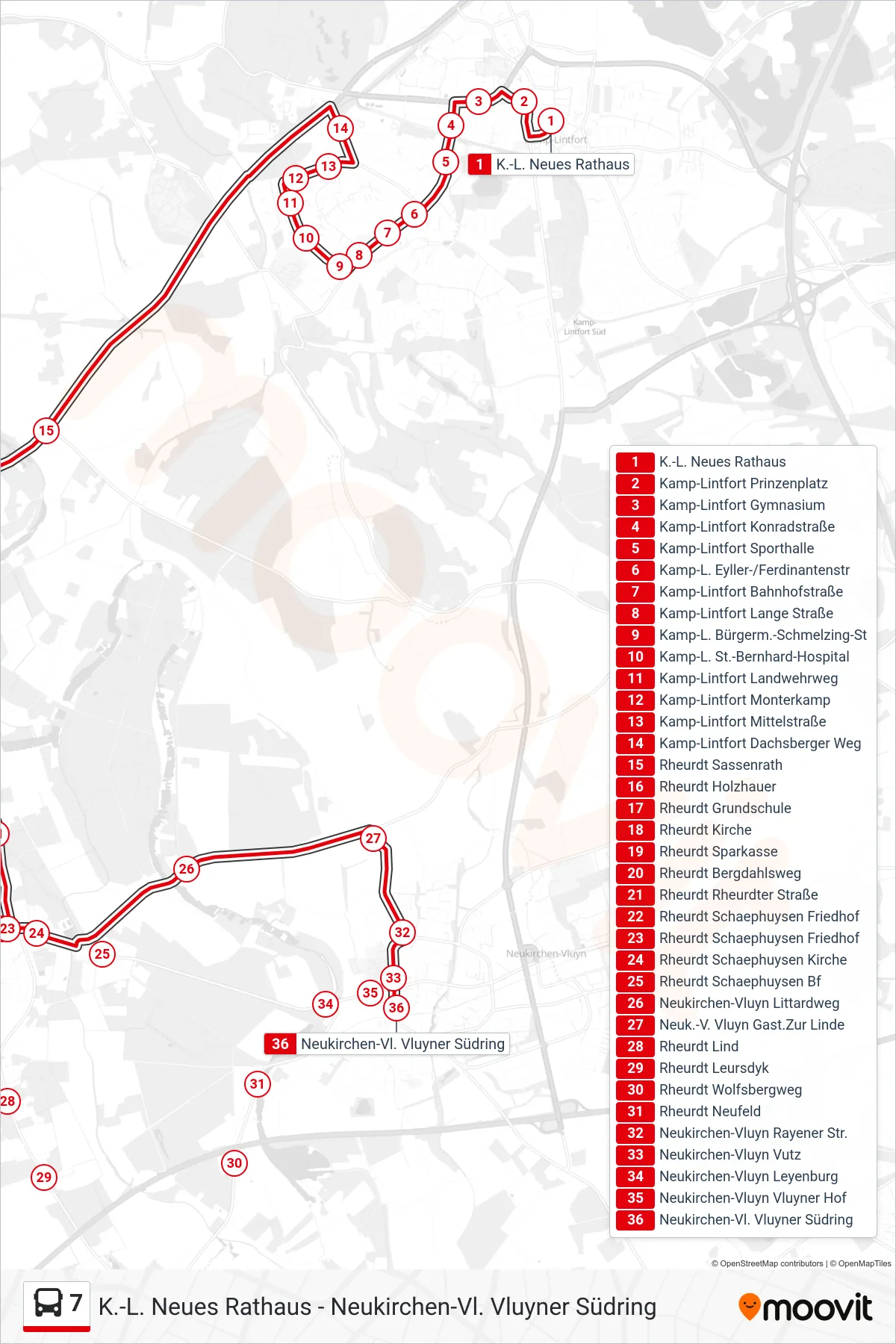 Linie 7 (Bus) Richtung Neukirchen-Vl. Vluyner Südring: Route und Haltestellen auf der Karte