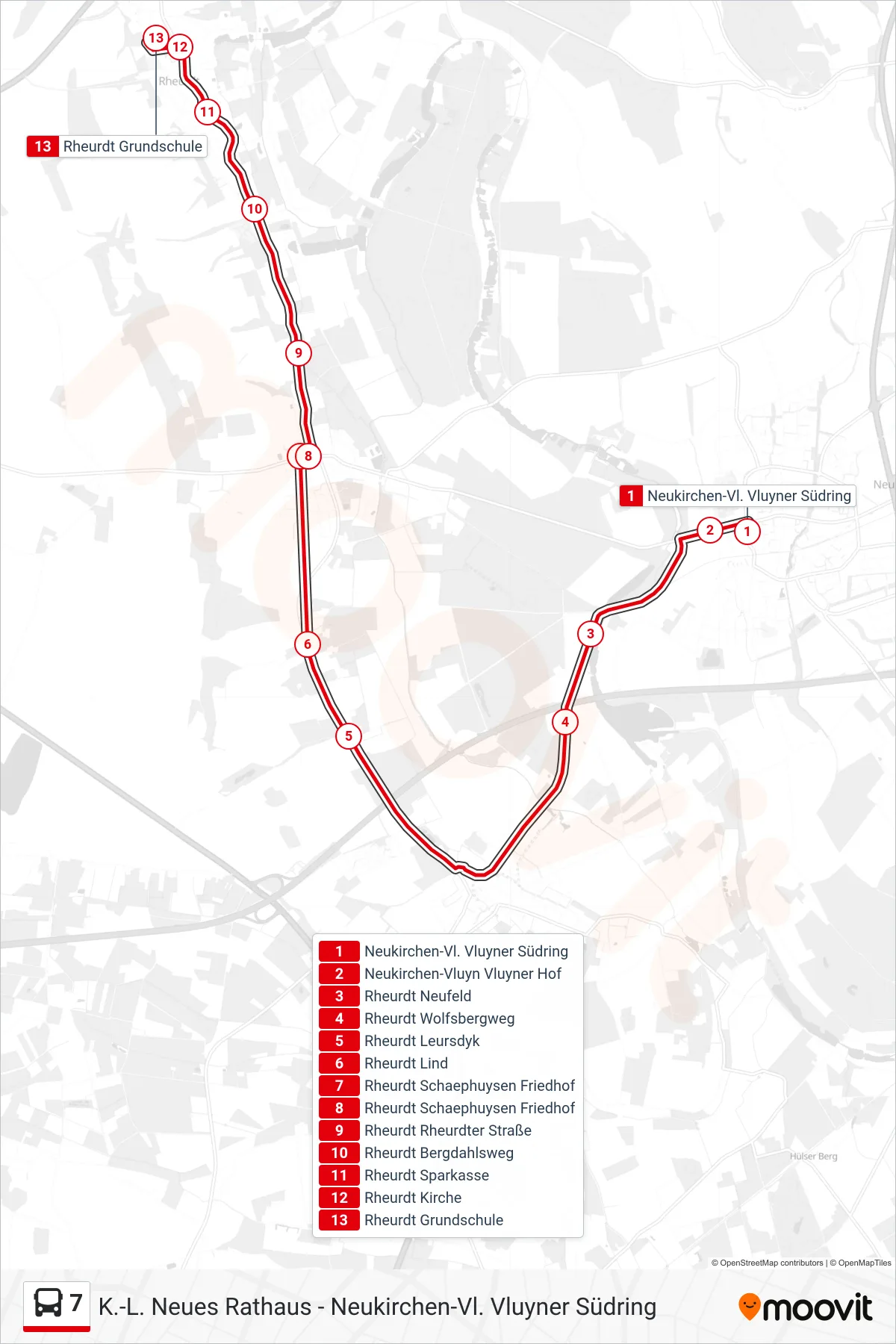Linie 7 (Bus) Richtung Rheurdt Grundschule: Route und Haltestellen auf der Karte