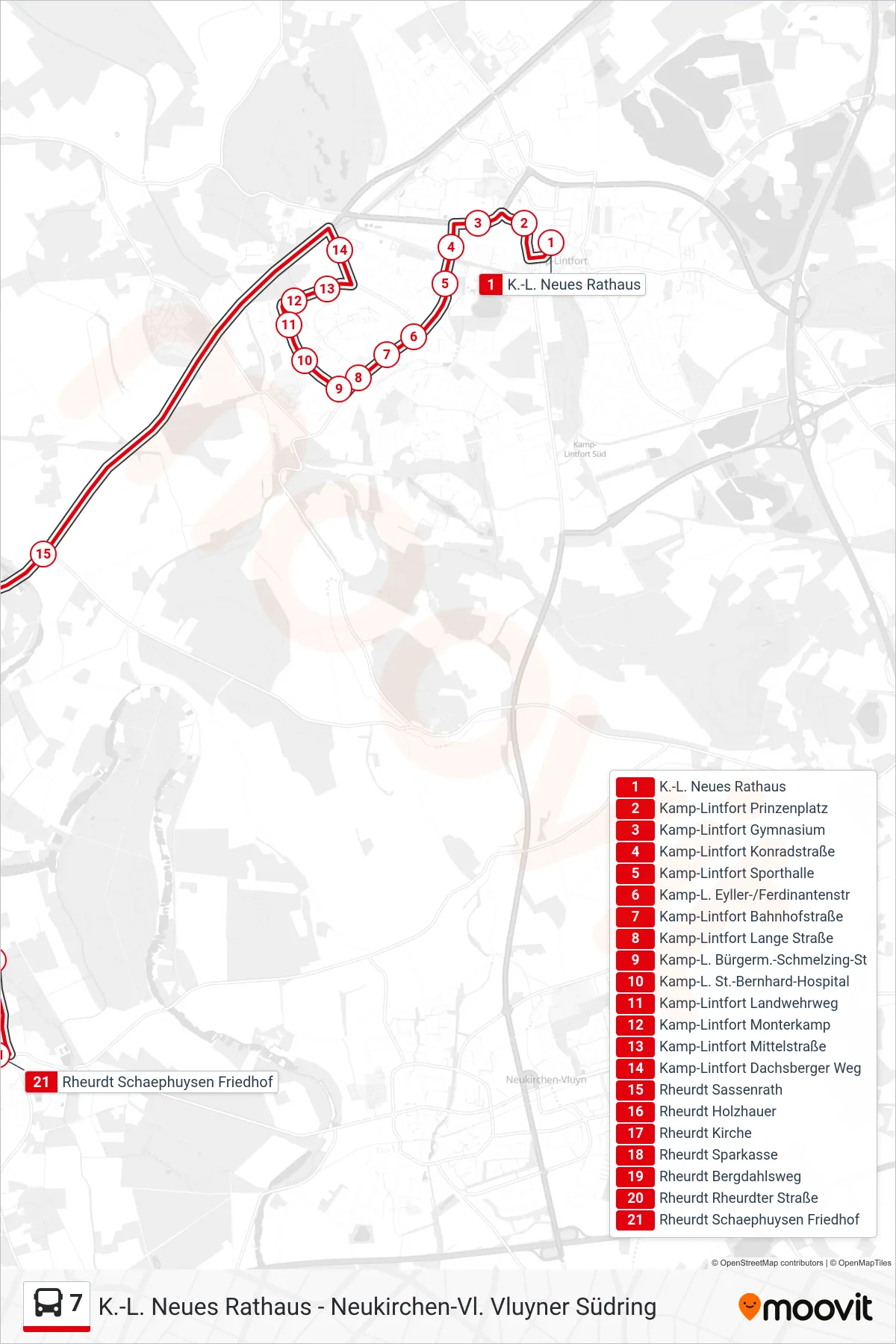 Linie 7 (Bus) Richtung Rheurdt Schaephuysen Friedhof: Route und Haltestellen auf der Karte