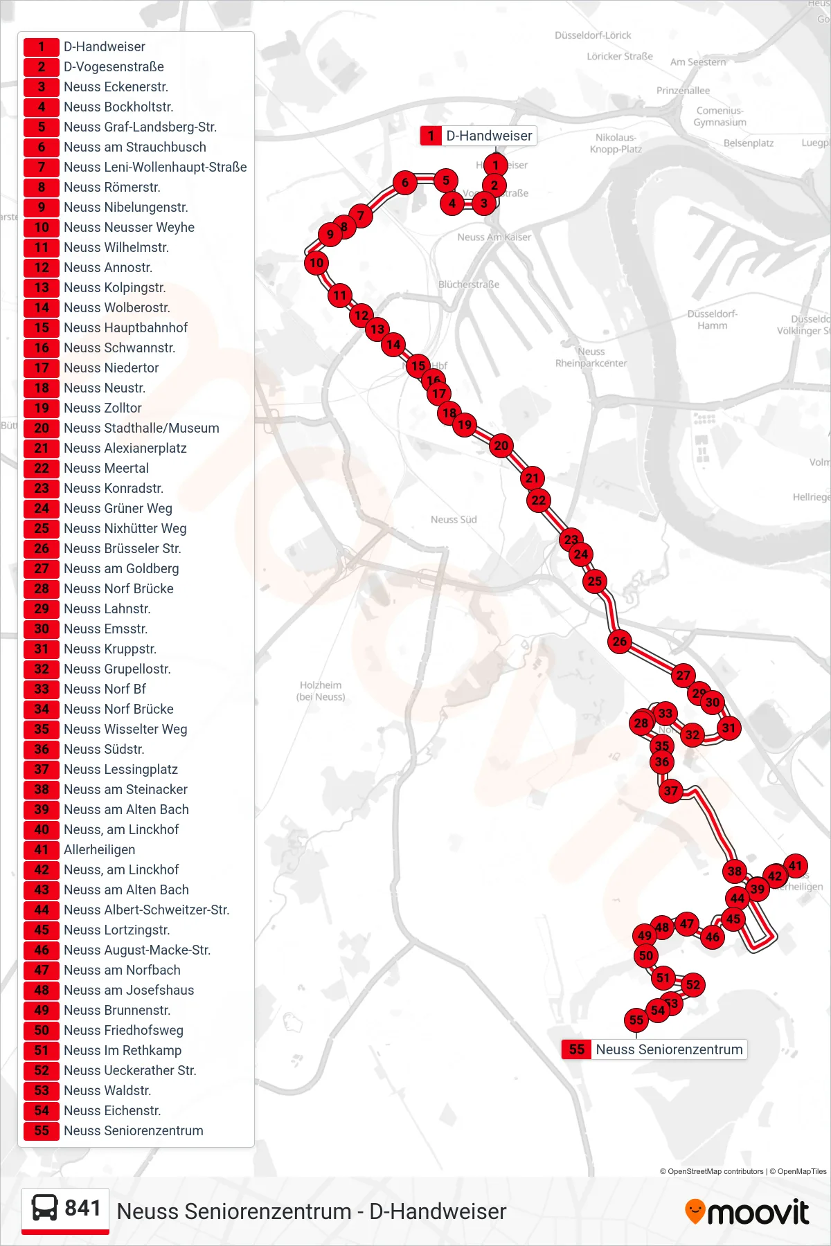 Linie 841 (Bus) Richtung Neuss Seniorenzentrum: Route und Haltestellen auf der Karte
