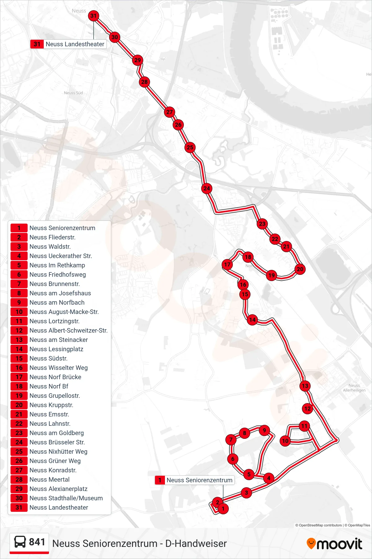 Linie 841 (Bus) Richtung Neuss Landestheater: Route und Haltestellen auf der Karte