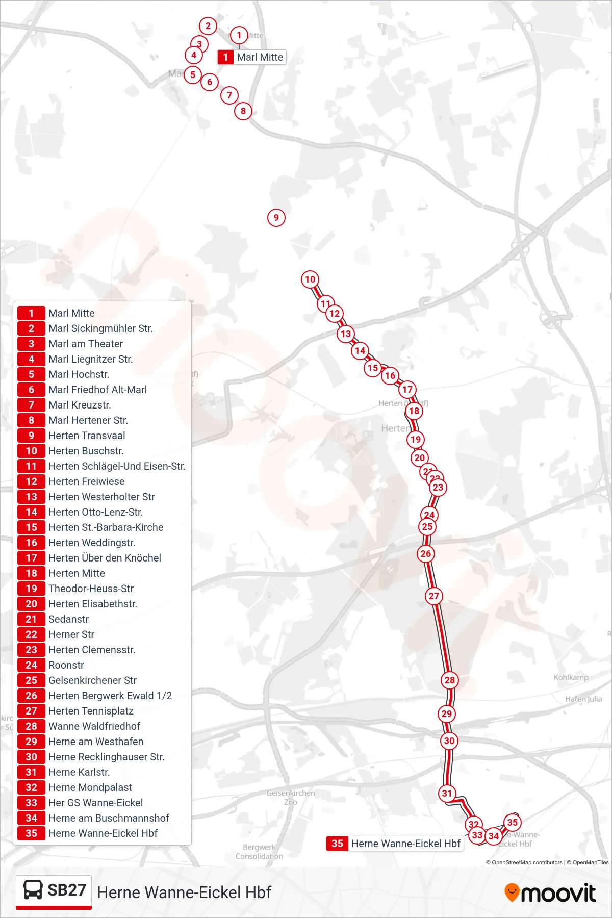 Linie SB27 (Bus) Richtung Herne Wanne-Eickel Hbf: Route und Haltestellen auf der Karte