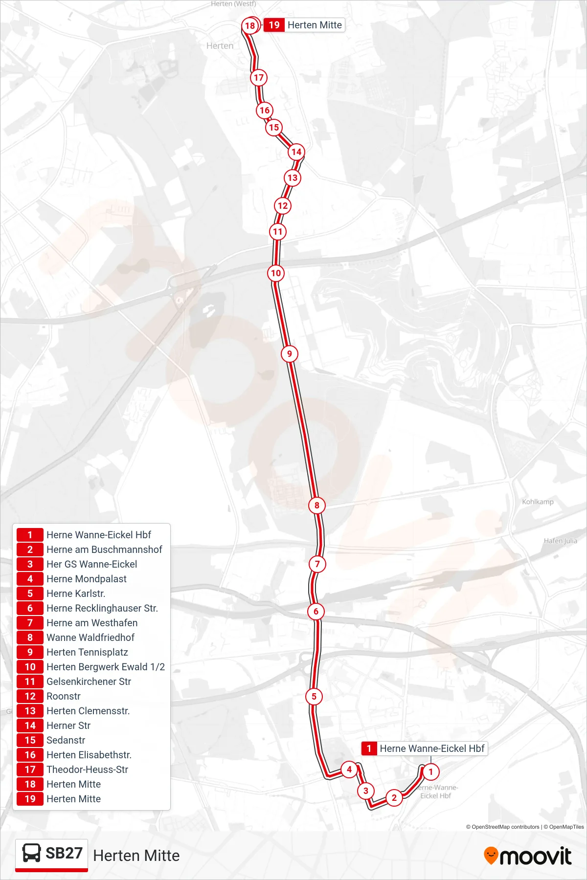 Linie SB27 (Bus) Richtung Herten Mitte: Route und Haltestellen auf der Karte
