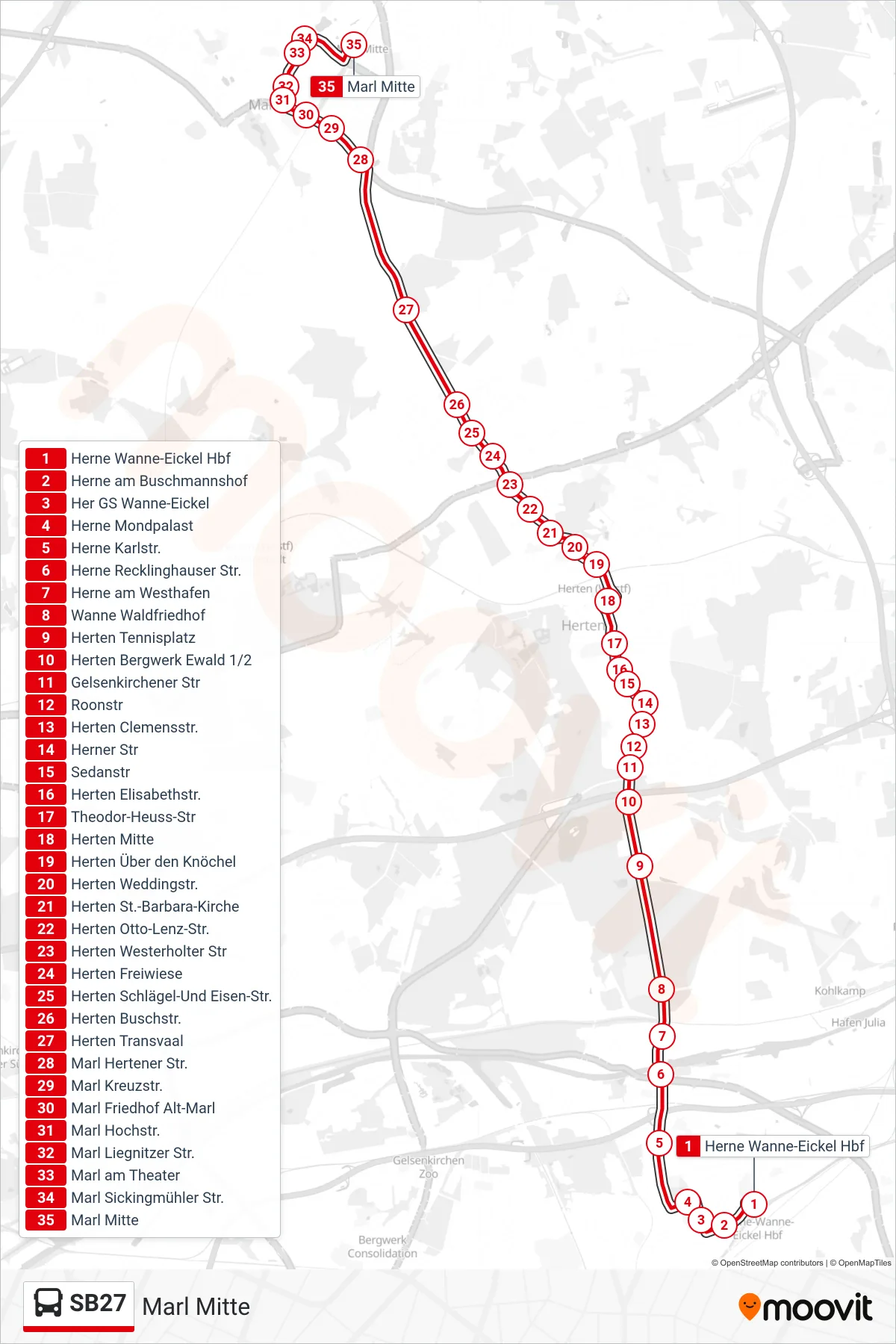 SB27 bus Line (Marl Mitte) route and stops on a map