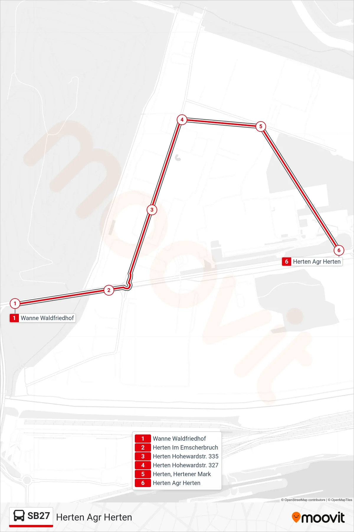 SB27 bus Line (Herten Agr Herten) route and stops on a map