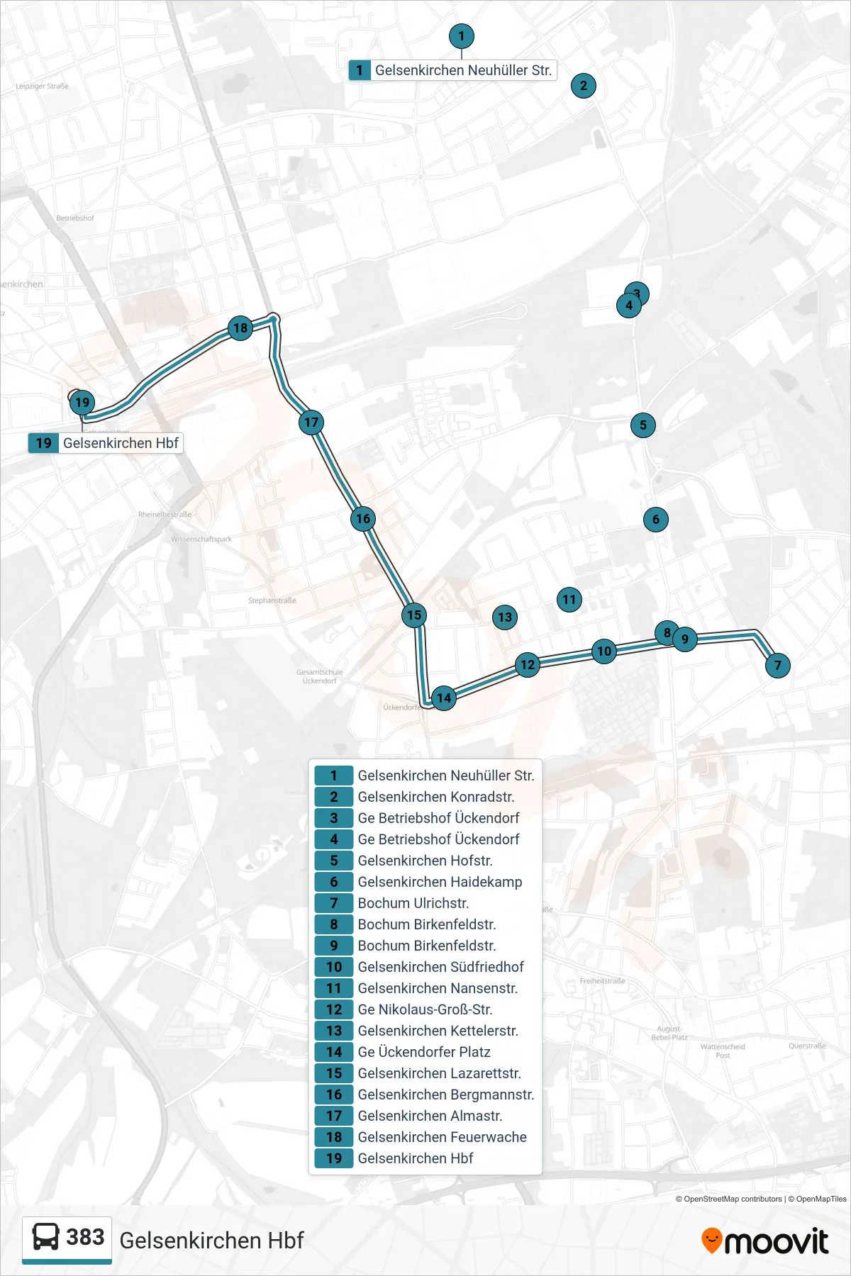 383 bus Line (Gelsenkirchen Hbf) route and stops on a map