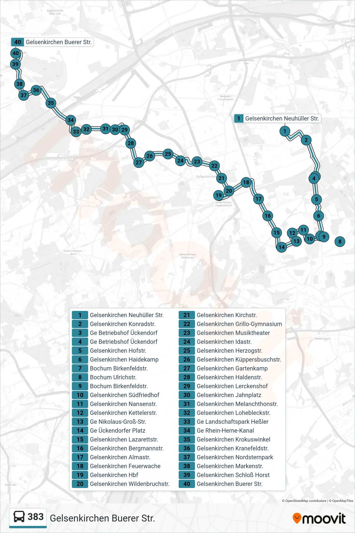 383 bus Line (Gelsenkirchen Buerer Str.) route and stops on a map