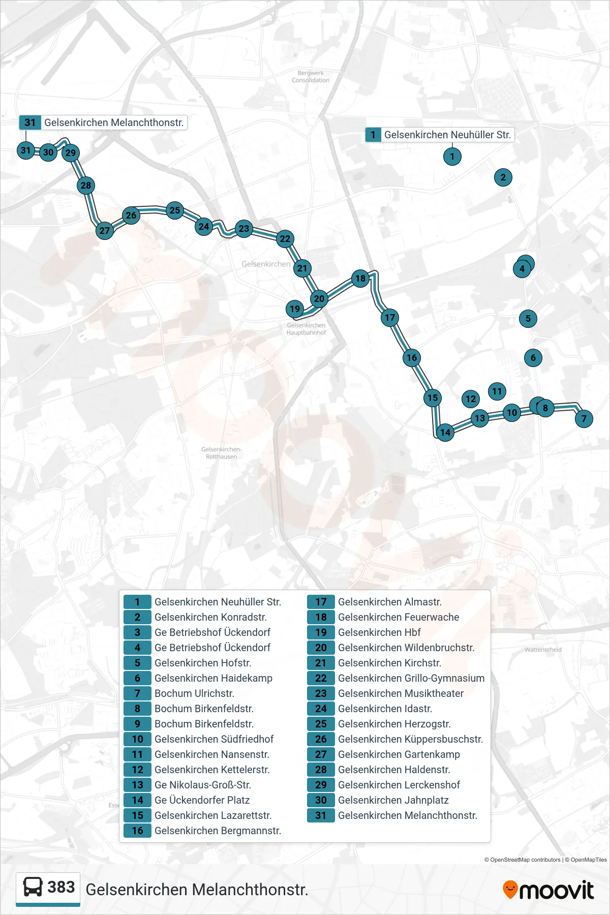 Linie 383 (Bus) Richtung Gelsenkirchen Melanchthonstr.: Route und Haltestellen auf der Karte