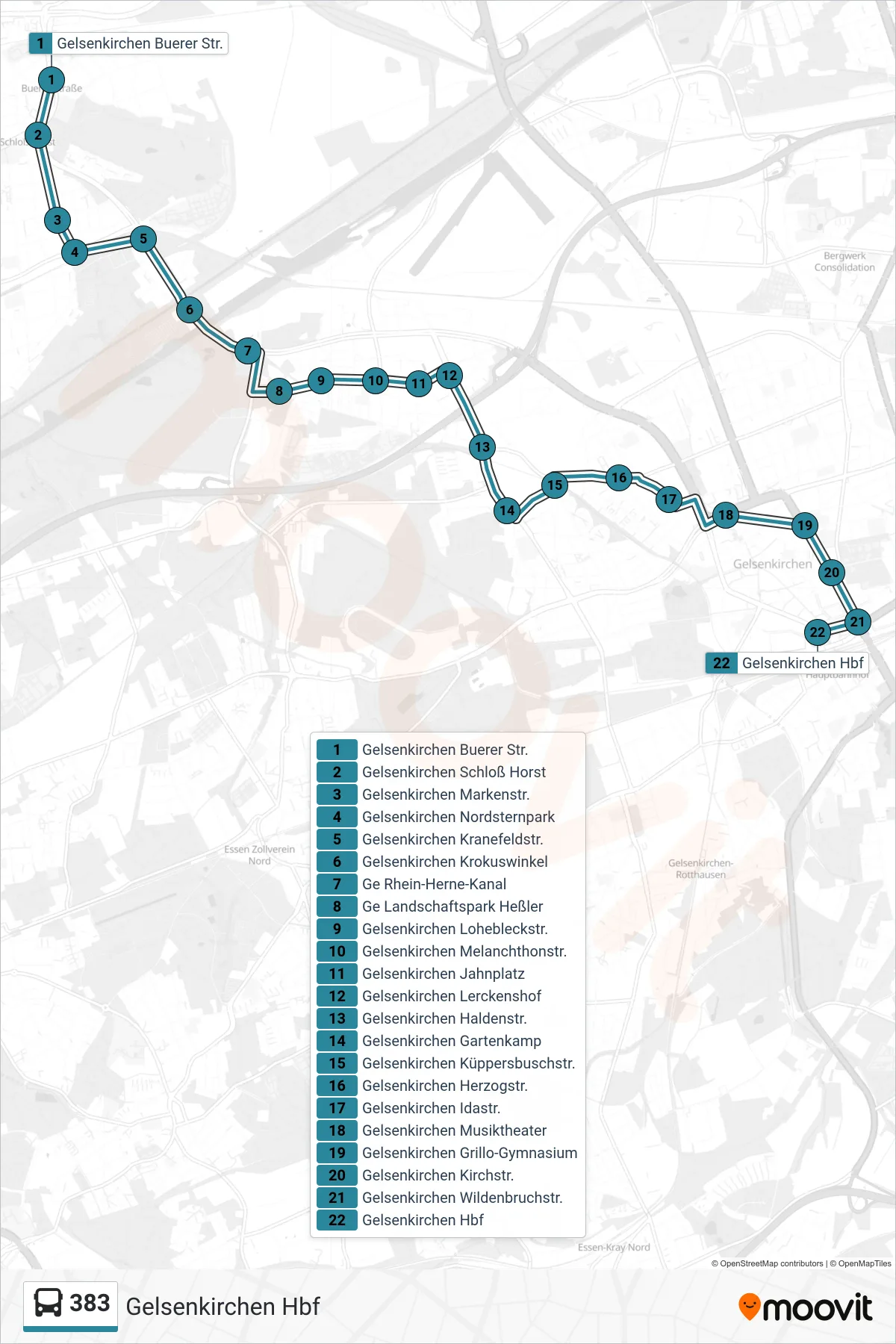 383 bus Line (Gelsenkirchen Hbf) route and stops on a map