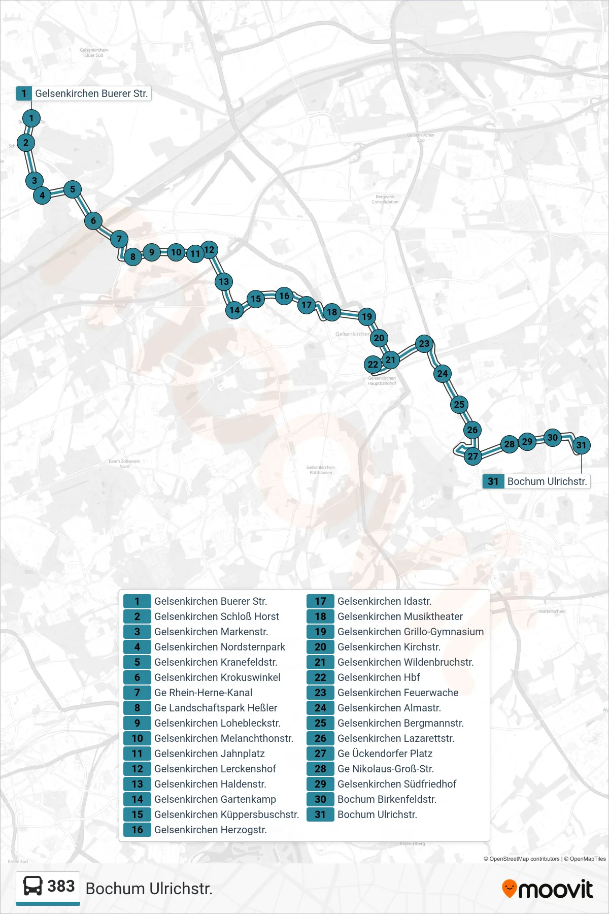 Linie 383 (Bus) Richtung Bochum Ulrichstr.: Route und Haltestellen auf der Karte