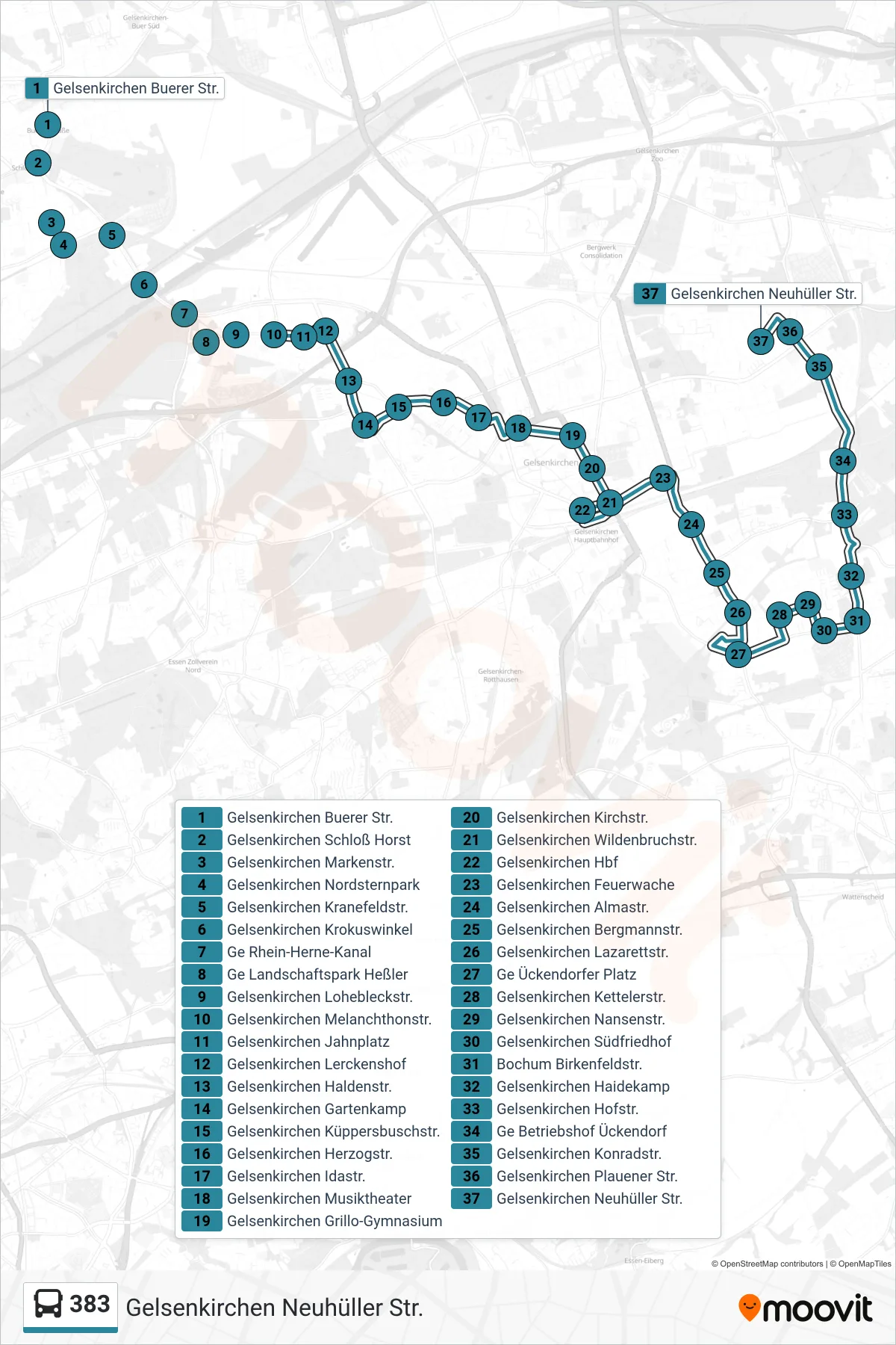 383 bus Line (Gelsenkirchen Neuhüller Str.) route and stops on a map