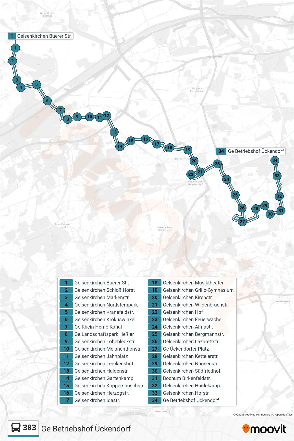 Linie 383 (Bus) Richtung Ge Betriebshof Ückendorf: Route und Haltestellen auf der Karte