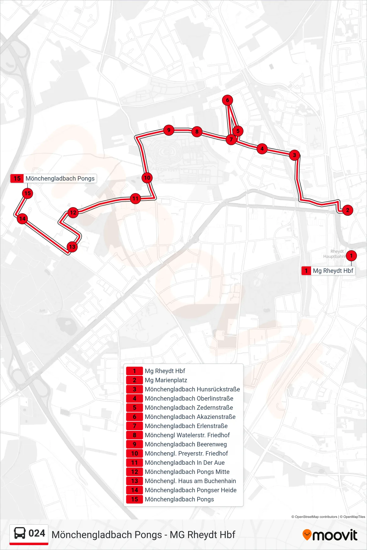 Linie 024 (Bus) Richtung Mönchengladbach Pongs: Route und Haltestellen auf der Karte