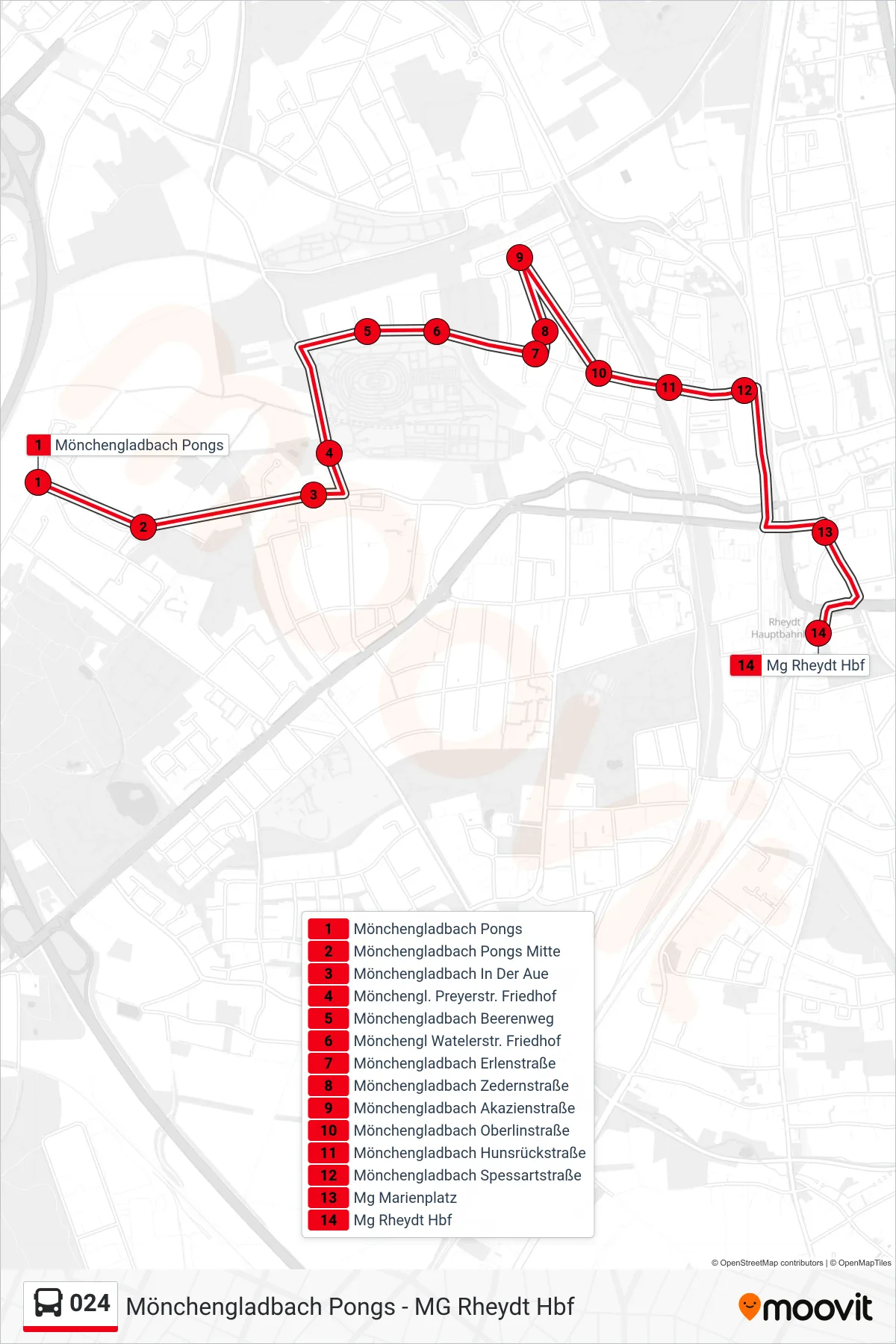Linie 024 (Bus) Richtung Mg Rheydt Hbf: Route und Haltestellen auf der Karte