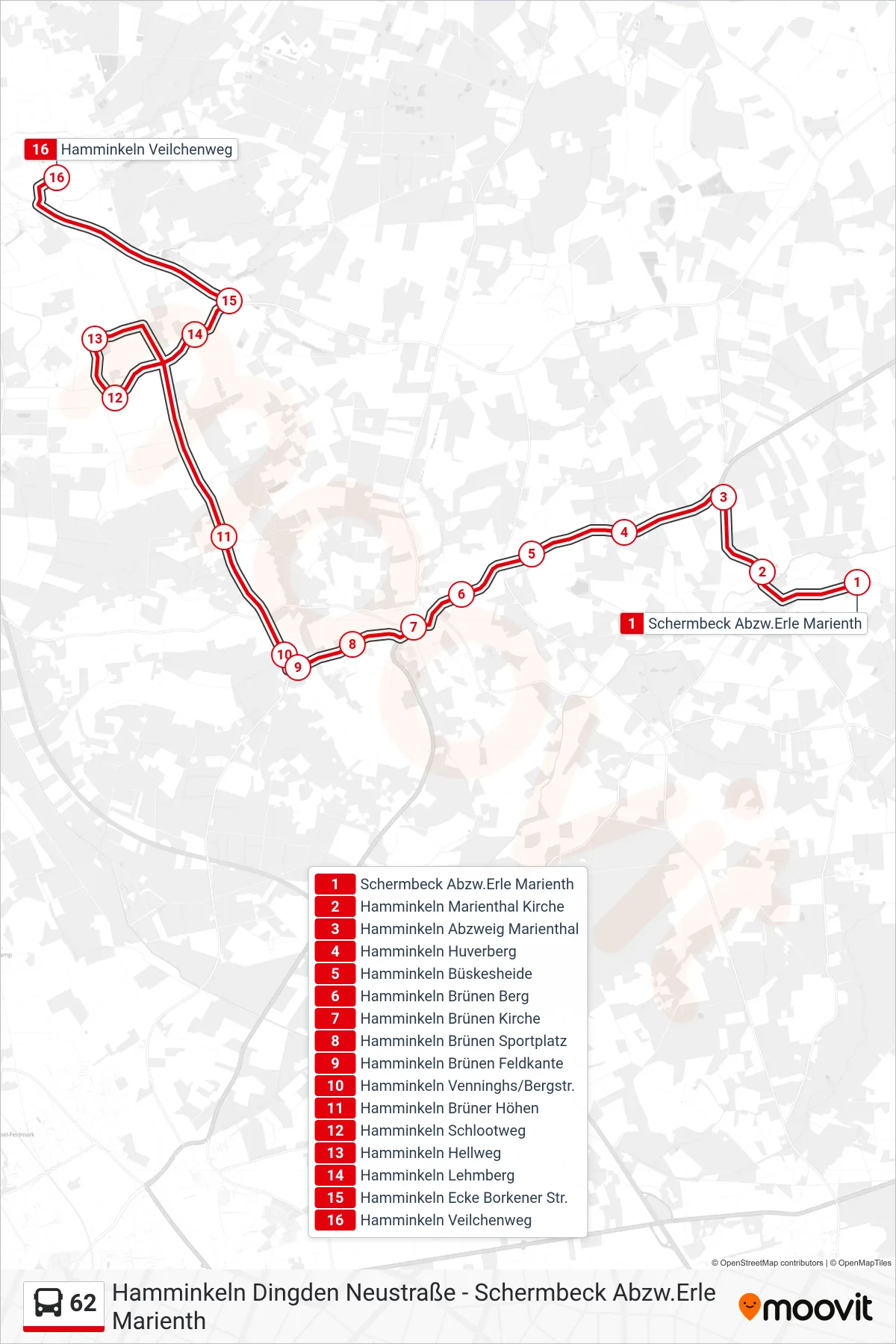 Linie 62 (Bus) Richtung Hamminkeln Veilchenweg: Route und Haltestellen auf der Karte