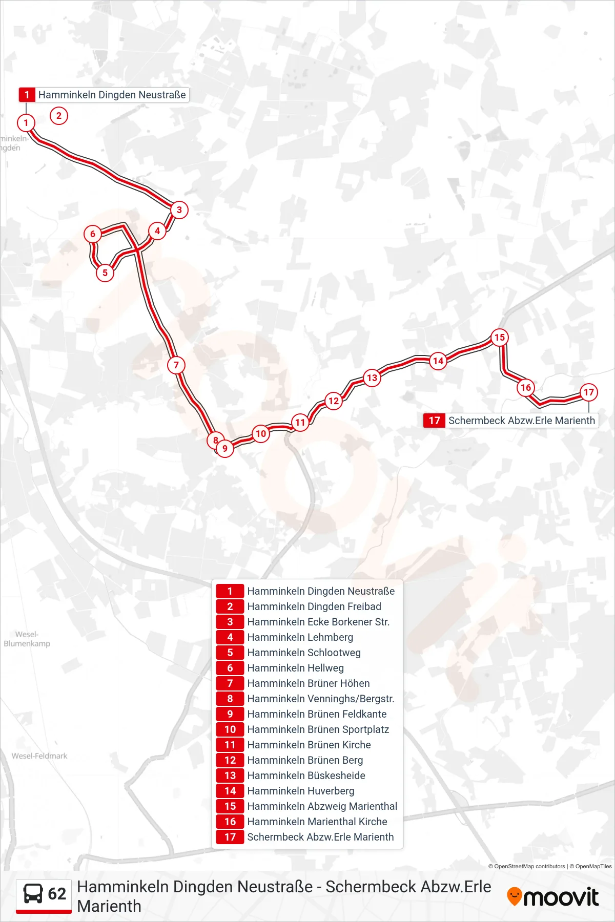 Linie 62 (Bus) Richtung Schermbeck Abzw.Erle Marienth: Route und Haltestellen auf der Karte