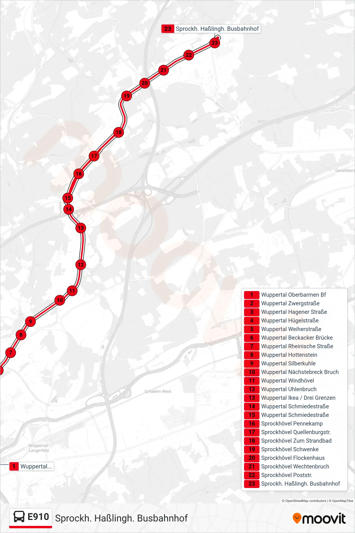 Linie E910 (Bus) Richtung Sprockh. Haßlingh. Busbahnhof: Route und Haltestellen auf der Karte