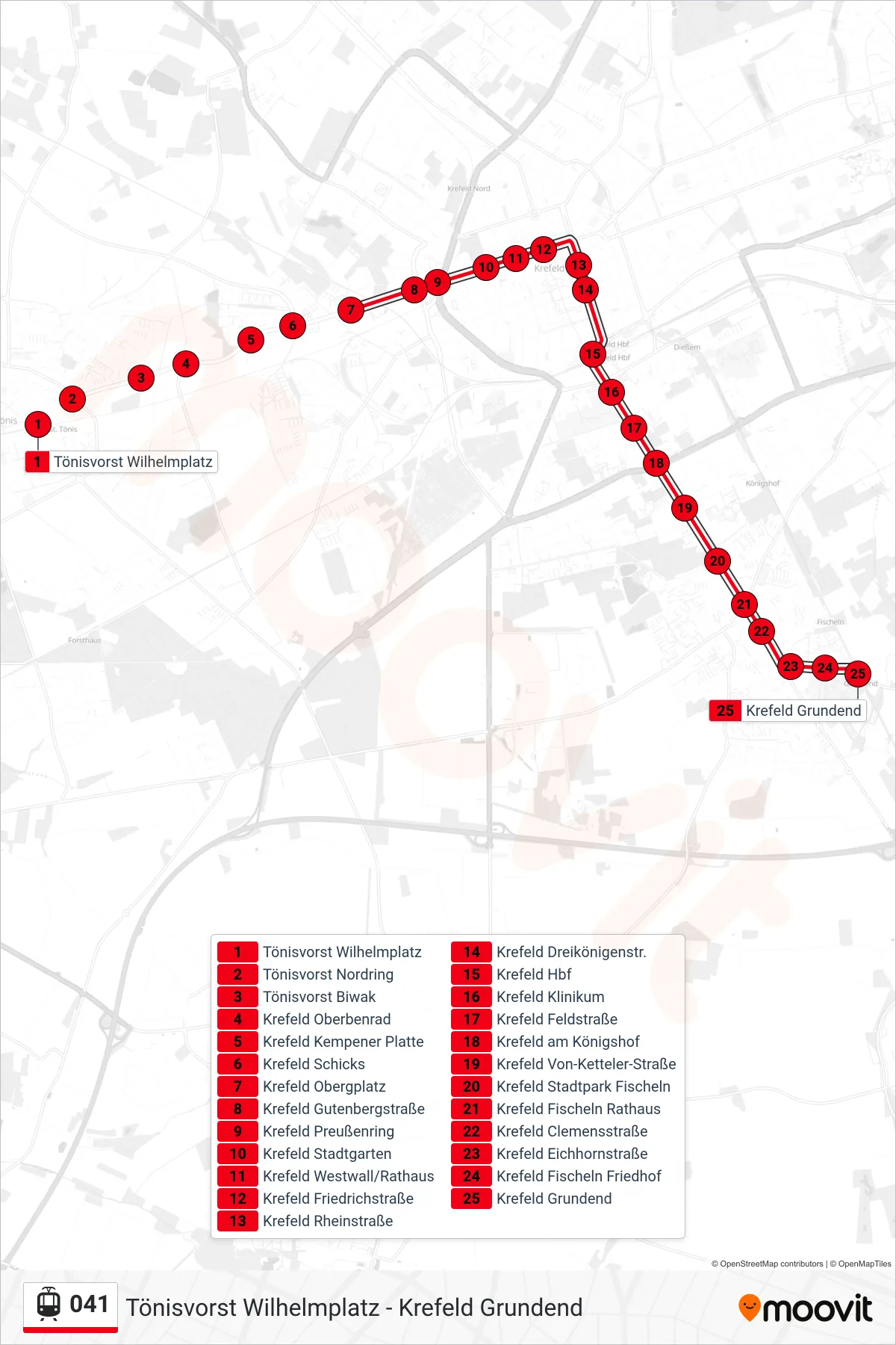 041 light rail Line (Krefeld Grundend) route and stops on a map