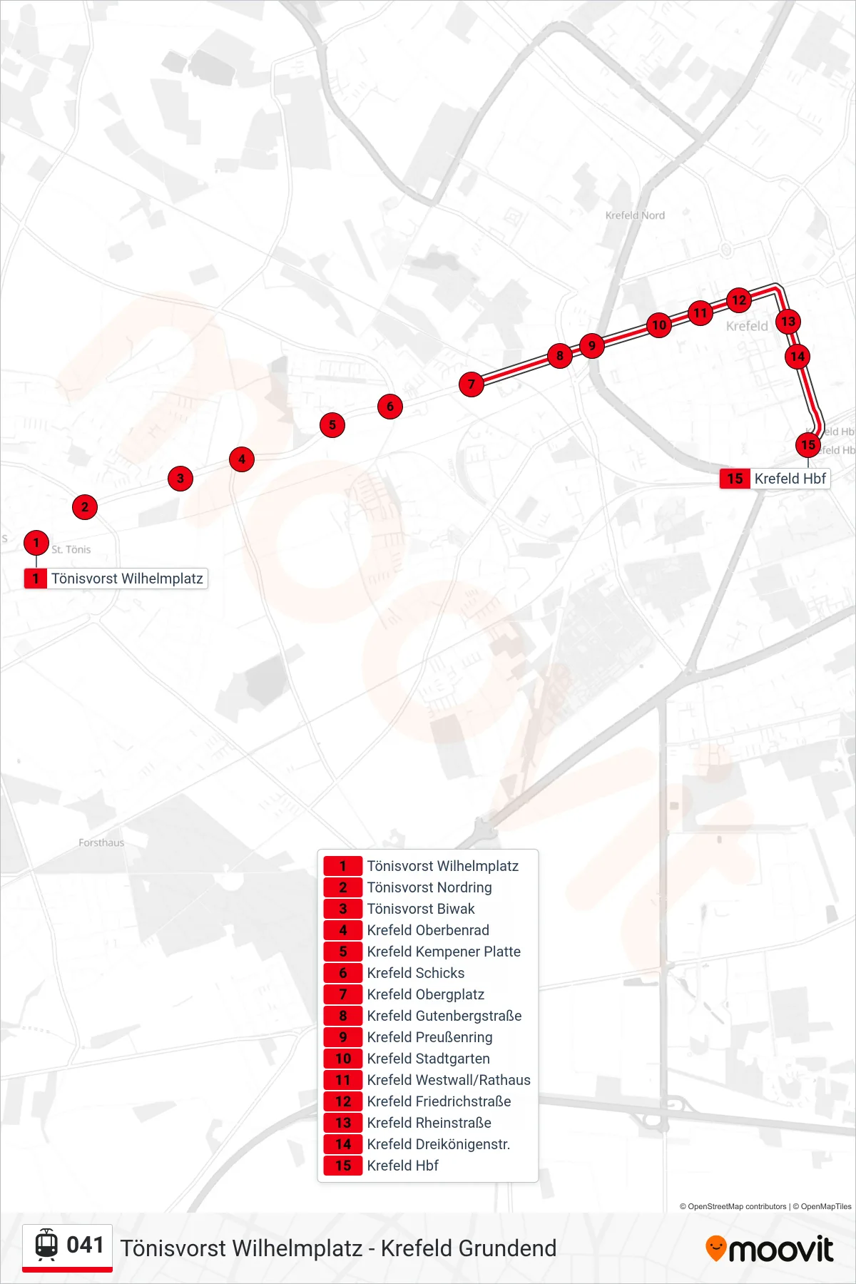 041 light rail Line (Krefeld Hbf) route and stops on a map