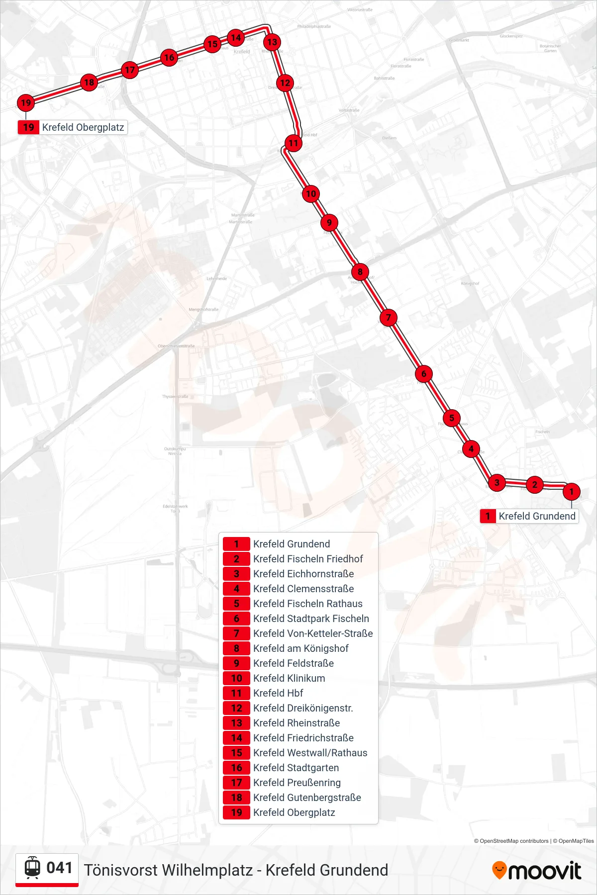 Linie 041 (Straßenbahn) Richtung Krefeld Obergplatz: Route und Haltestellen auf der Karte