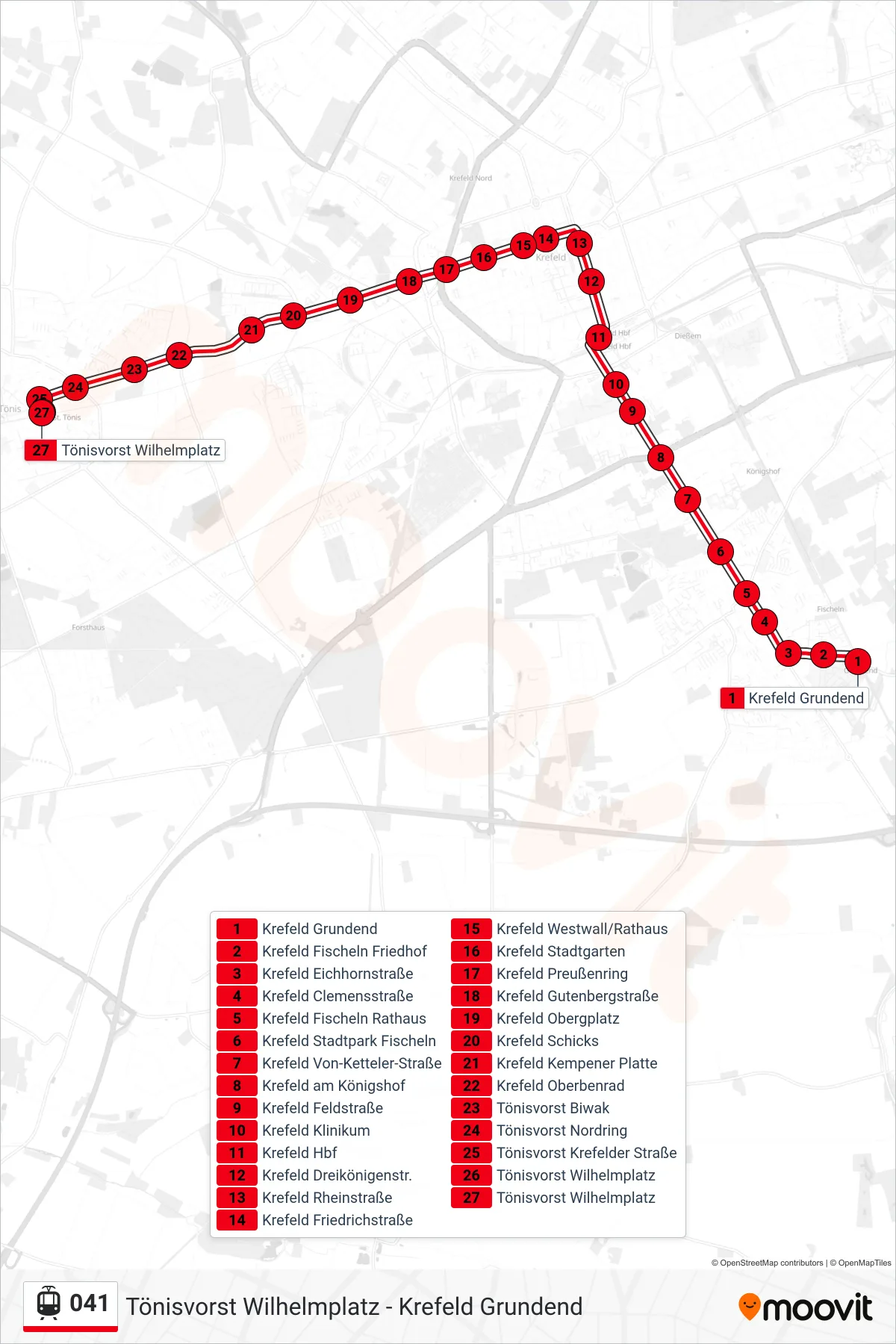 Linie 041 (Straßenbahn) Richtung Tönisvorst Wilhelmplatz: Route und Haltestellen auf der Karte