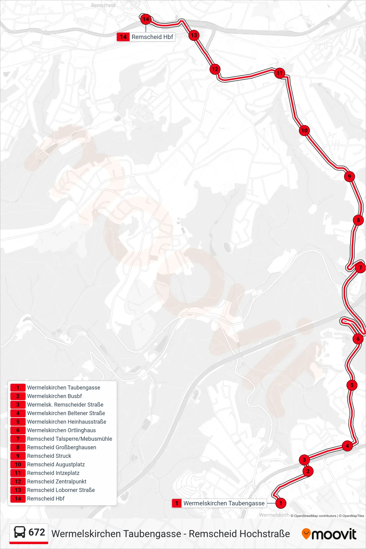 Linie 672 (Bus) Richtung Remscheid Hbf: Route und Haltestellen auf der Karte
