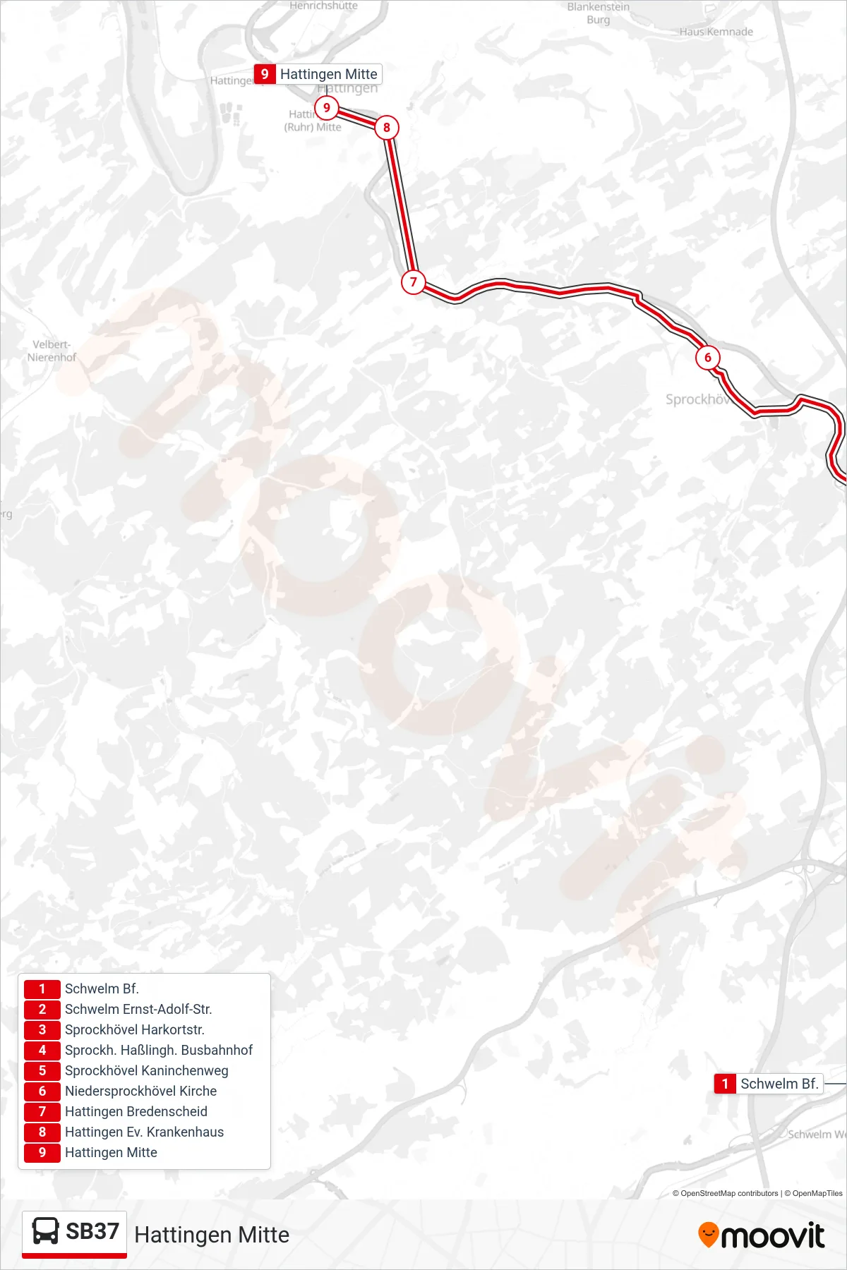 Linie SB37 (Bus) Richtung Hattingen Mitte: Route und Haltestellen auf der Karte