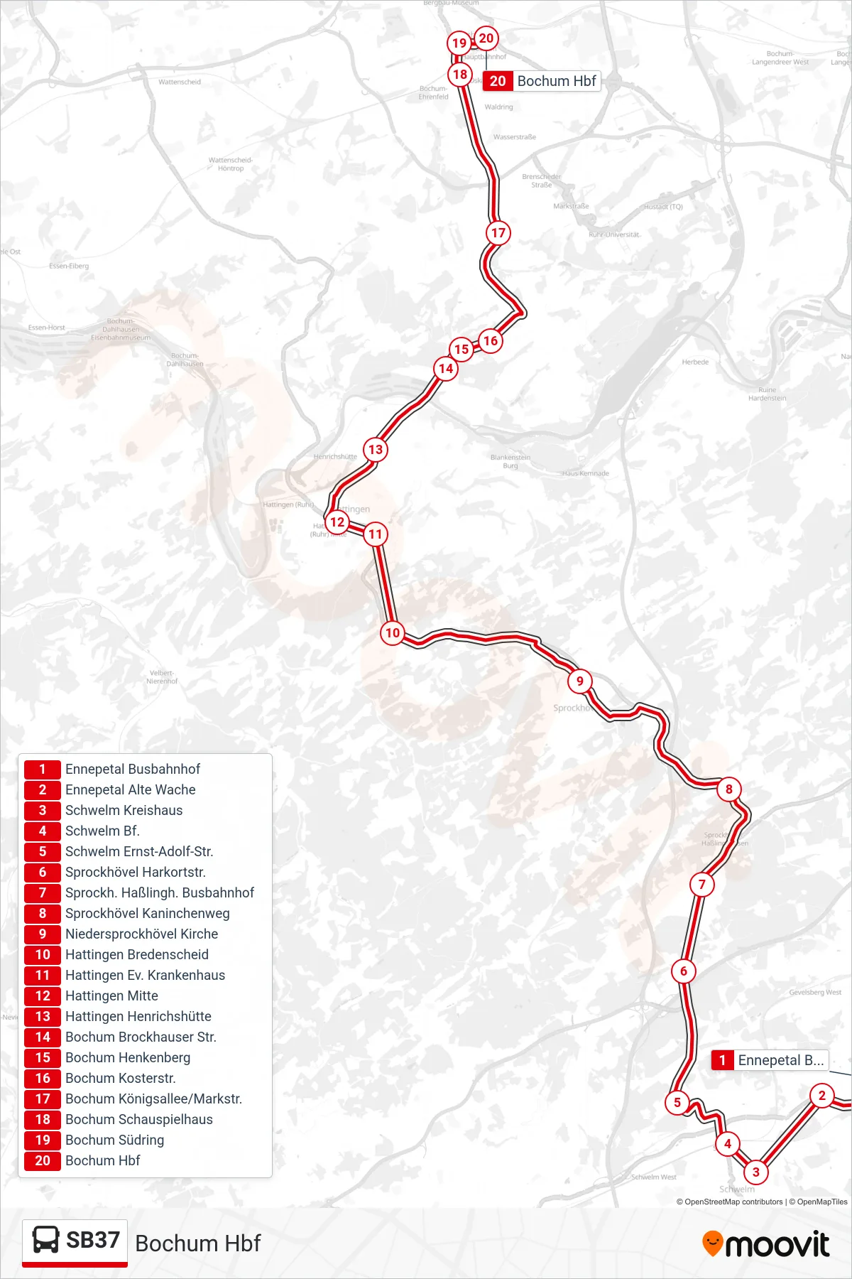SB37 bus Line (Bochum Hbf) route and stops on a map