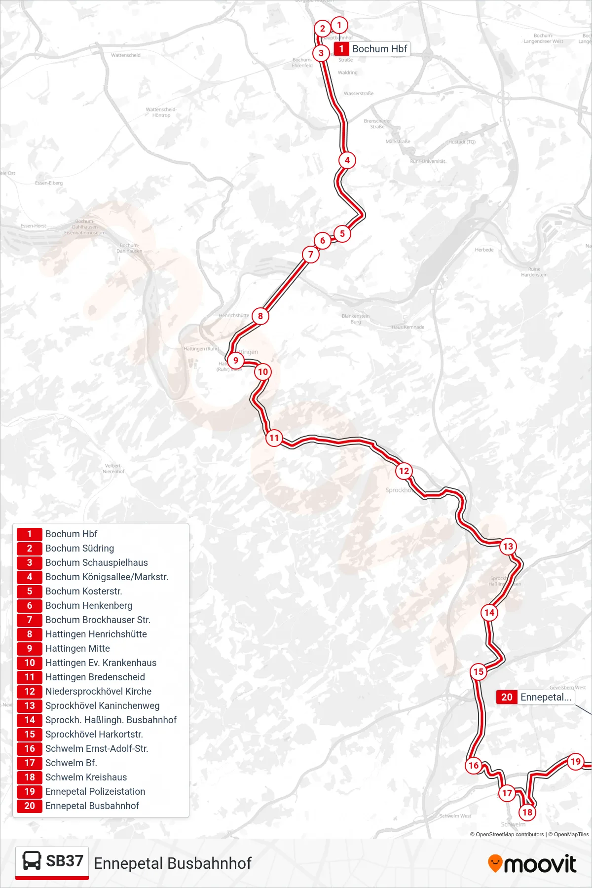 SB37 bus Line (Ennepetal Busbahnhof) route and stops on a map