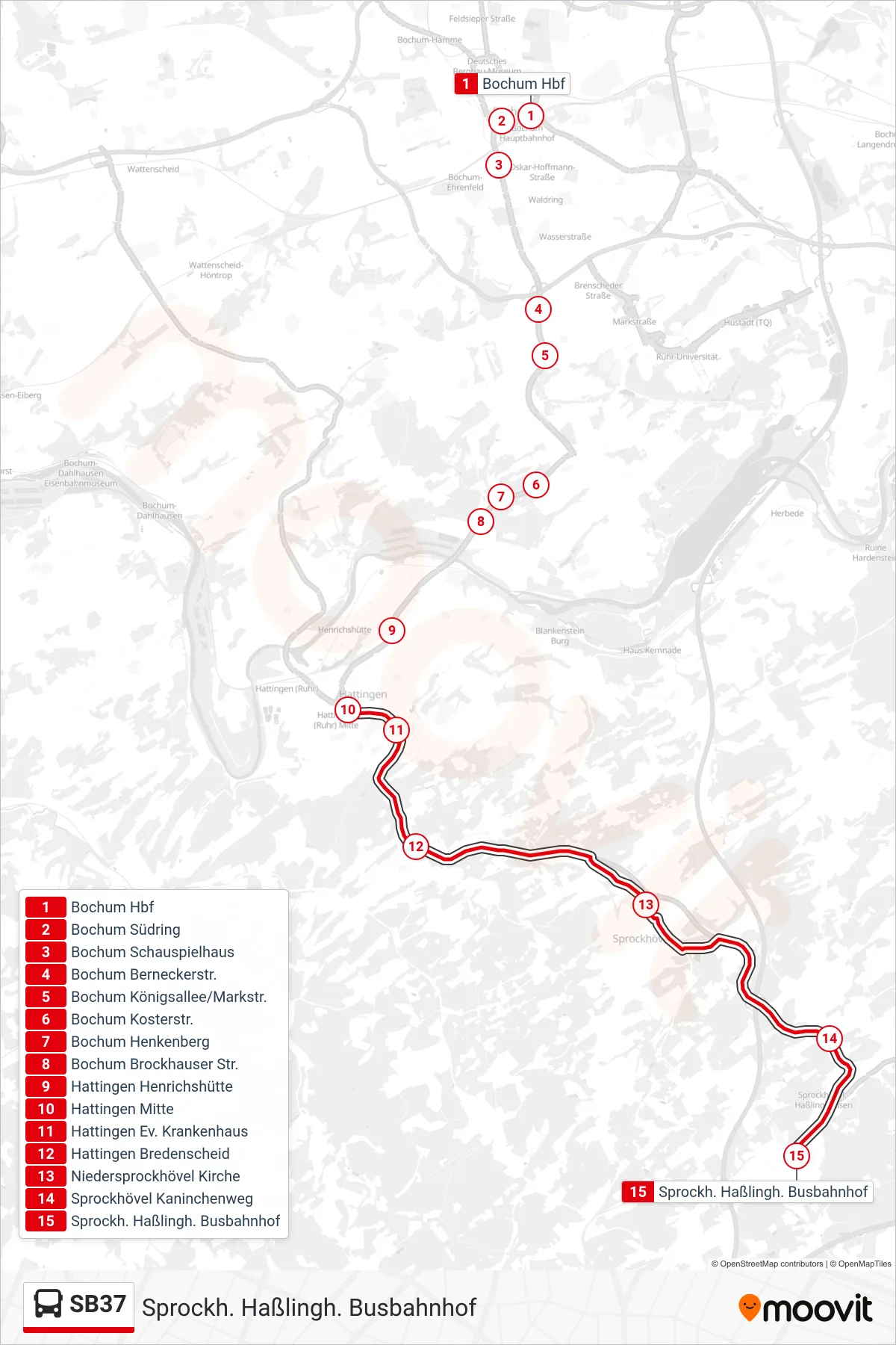 Linie SB37 (Bus) Richtung Sprockh. Haßlingh. Busbahnhof: Route und Haltestellen auf der Karte
