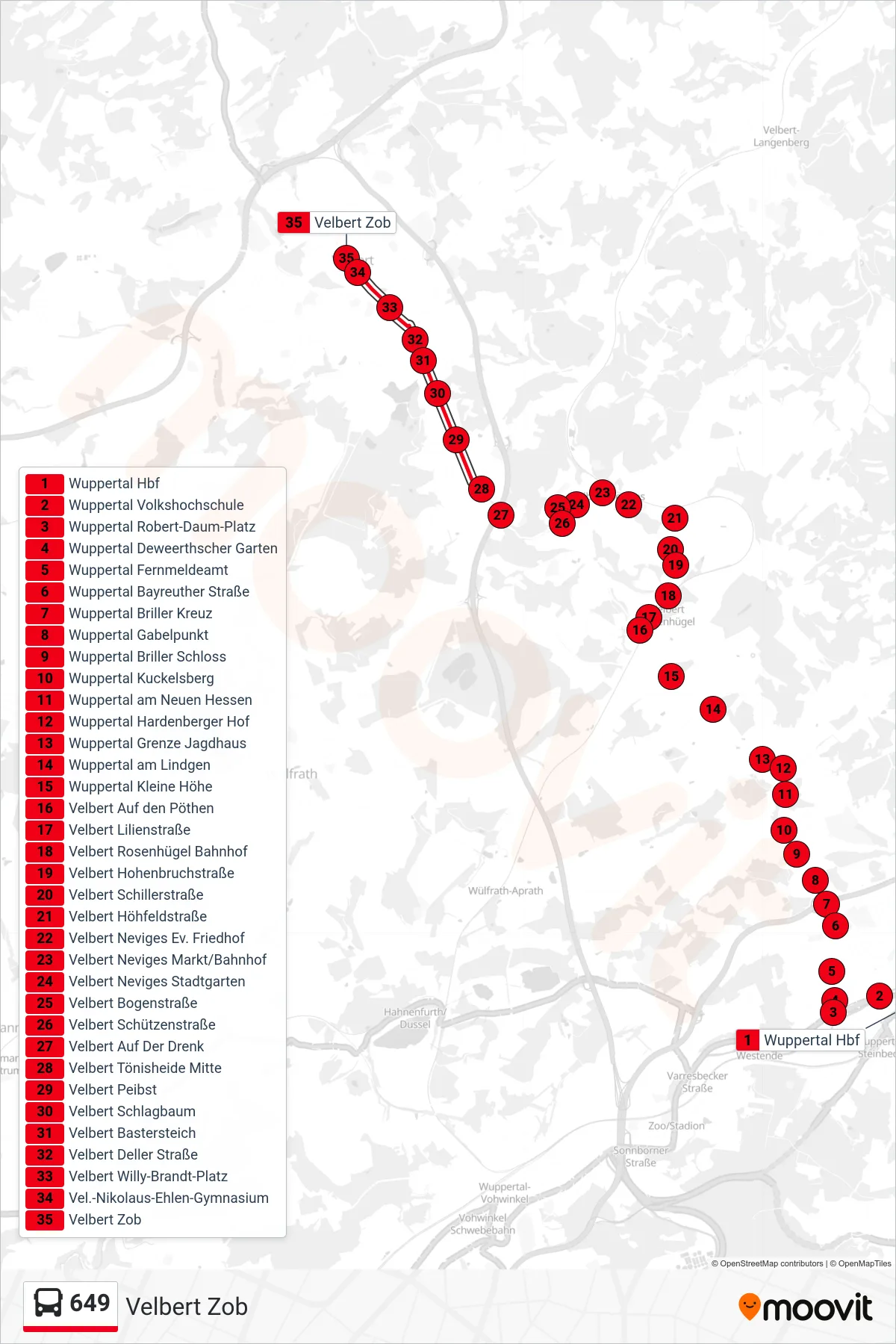 649 bus Line (Velbert Zob) route and stops on a map