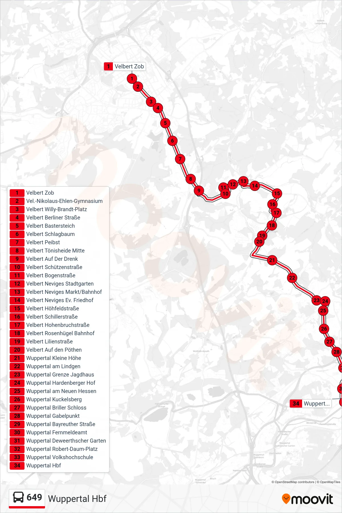 Linie 649 (Bus) Richtung Wuppertal Hbf: Route und Haltestellen auf der Karte