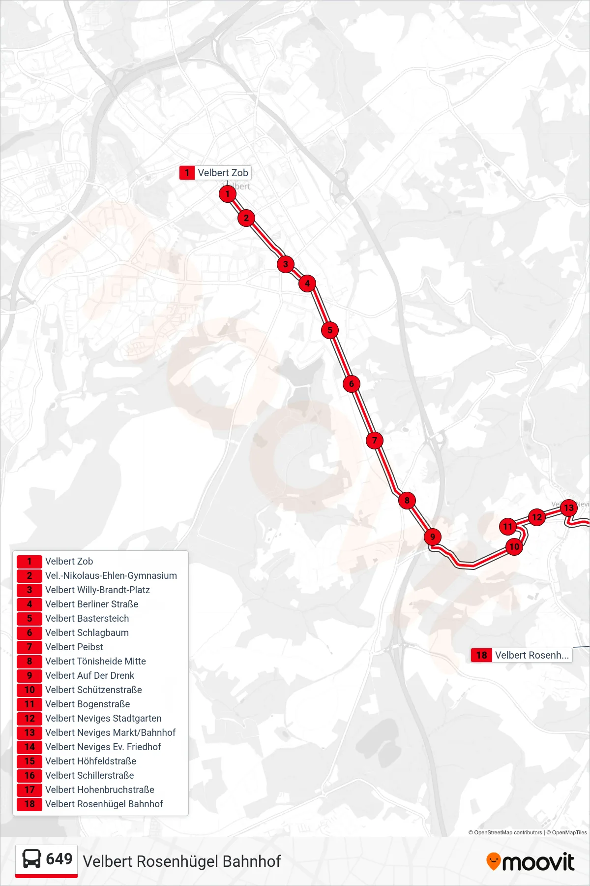 Linie 649 (Bus) Richtung Velbert Rosenhügel Bahnhof: Route und Haltestellen auf der Karte