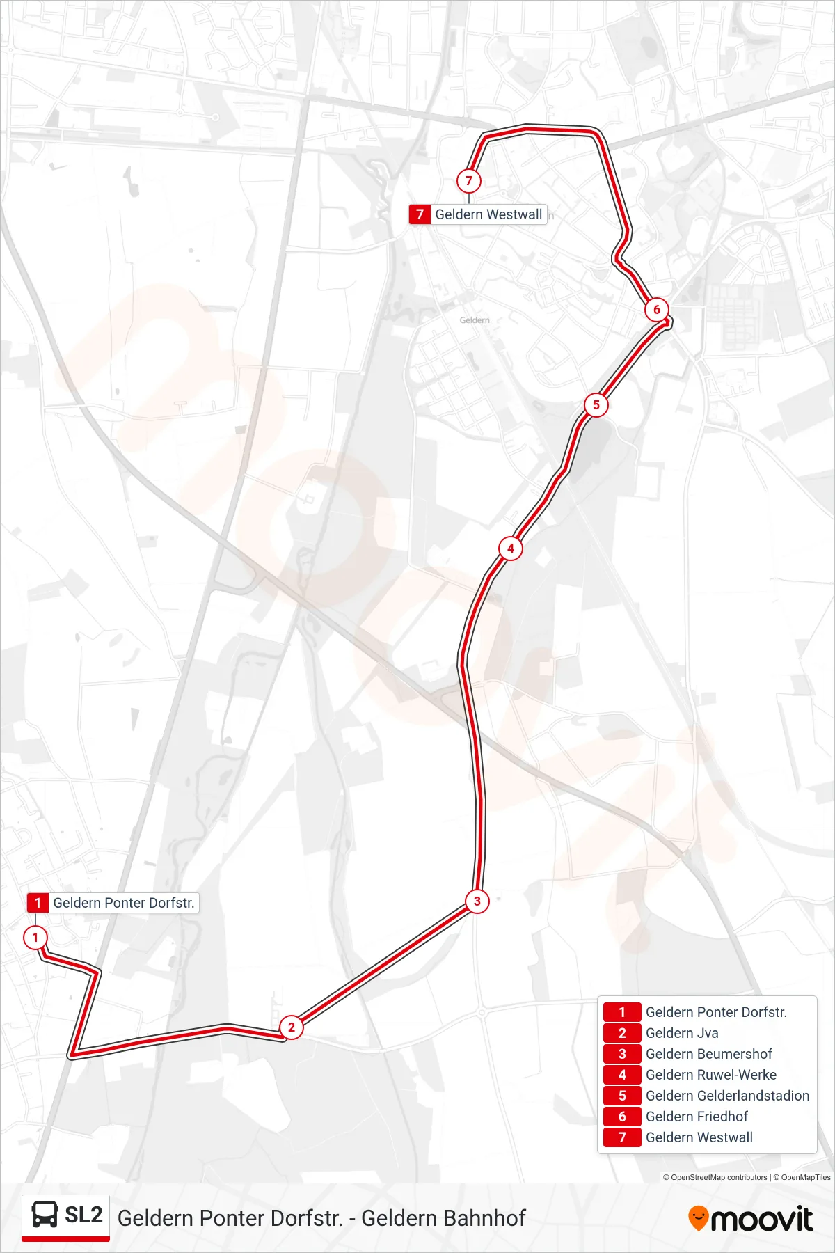SL2 bus Line (Geldern Westwall) route and stops on a map