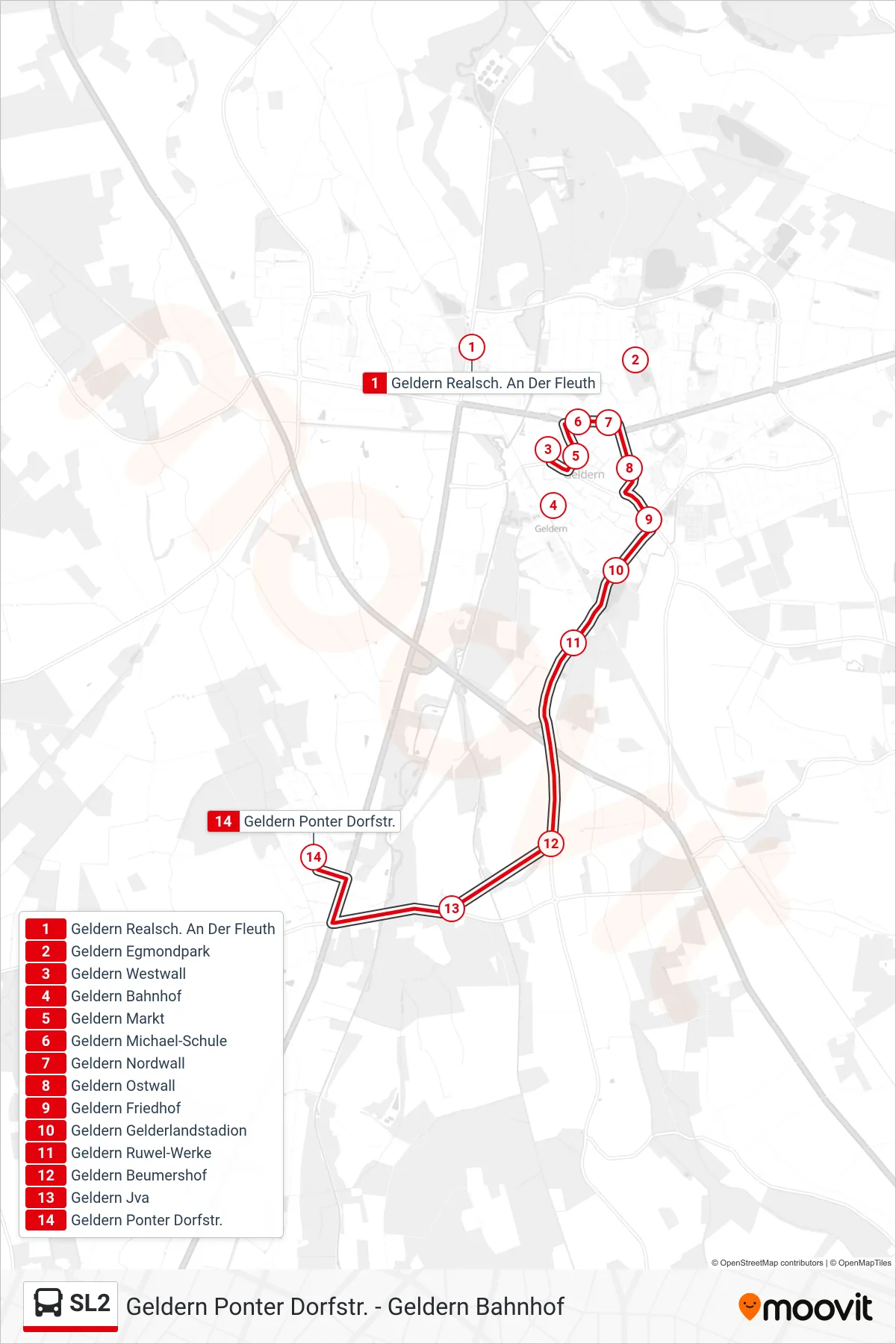 Linie SL2 (Bus) Richtung Geldern Ponter Dorfstr.: Route und Haltestellen auf der Karte