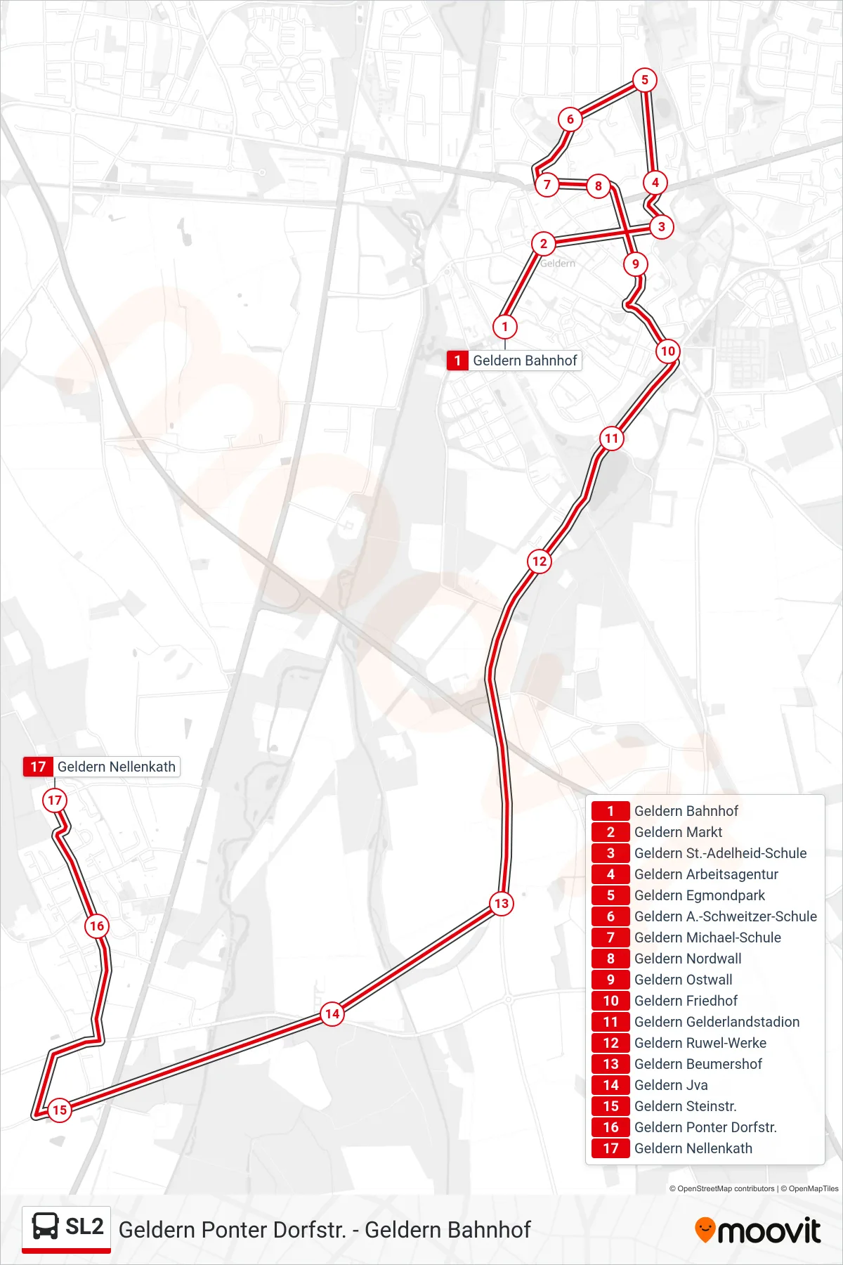 Linie SL2 (Bus) Richtung Geldern Nellenkath: Route und Haltestellen auf der Karte
