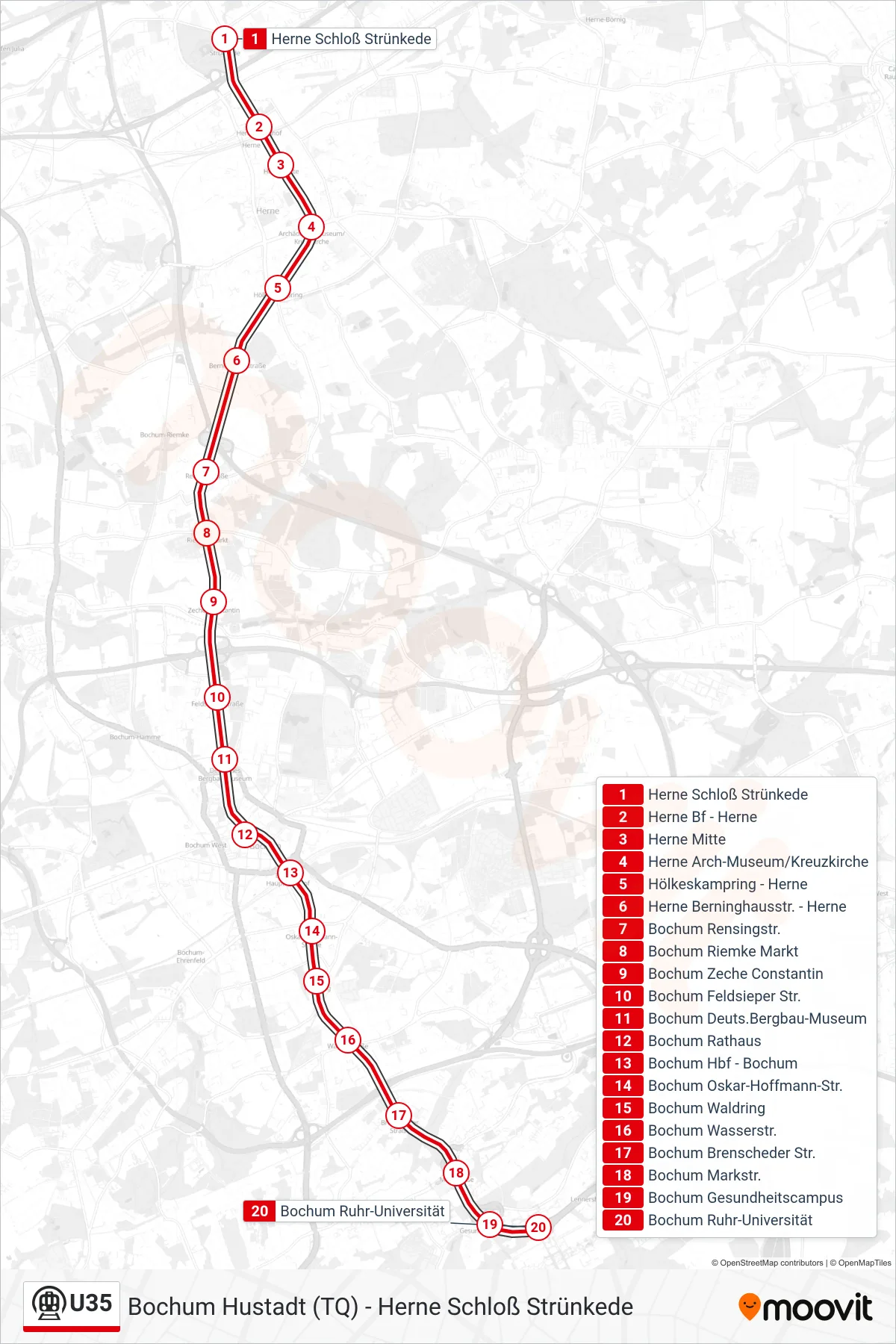 Linie U35 (U-Bahn) Richtung Bochum Ruhr-Universität: Route und Haltestellen auf der Karte