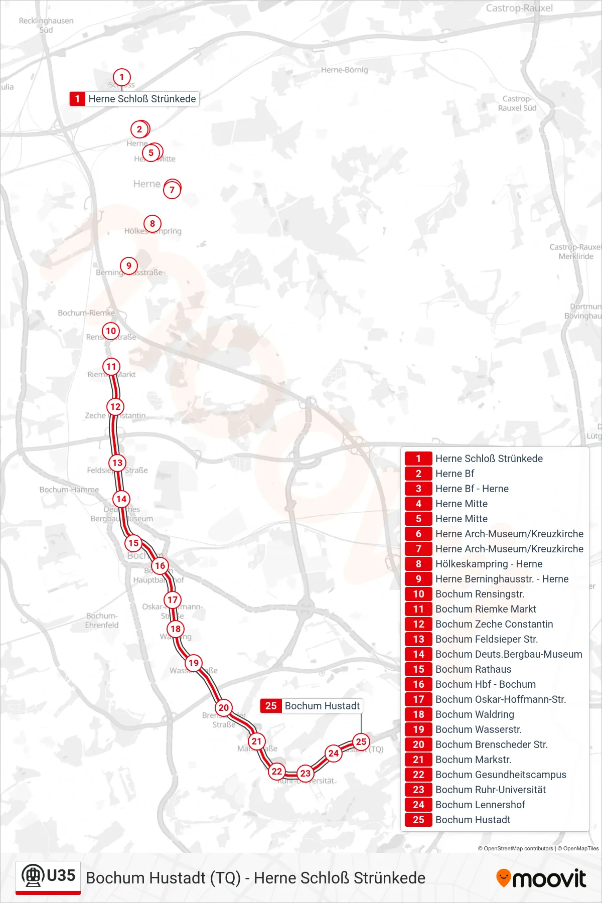 Linie U35 (U-Bahn) Richtung Bochum Hustadt (Tq): Route und Haltestellen auf der Karte