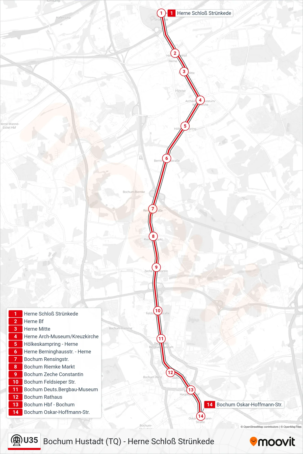 Linie U35 (U-Bahn) Richtung Bochum Oskar-Hoffmann-Str.: Route und Haltestellen auf der Karte