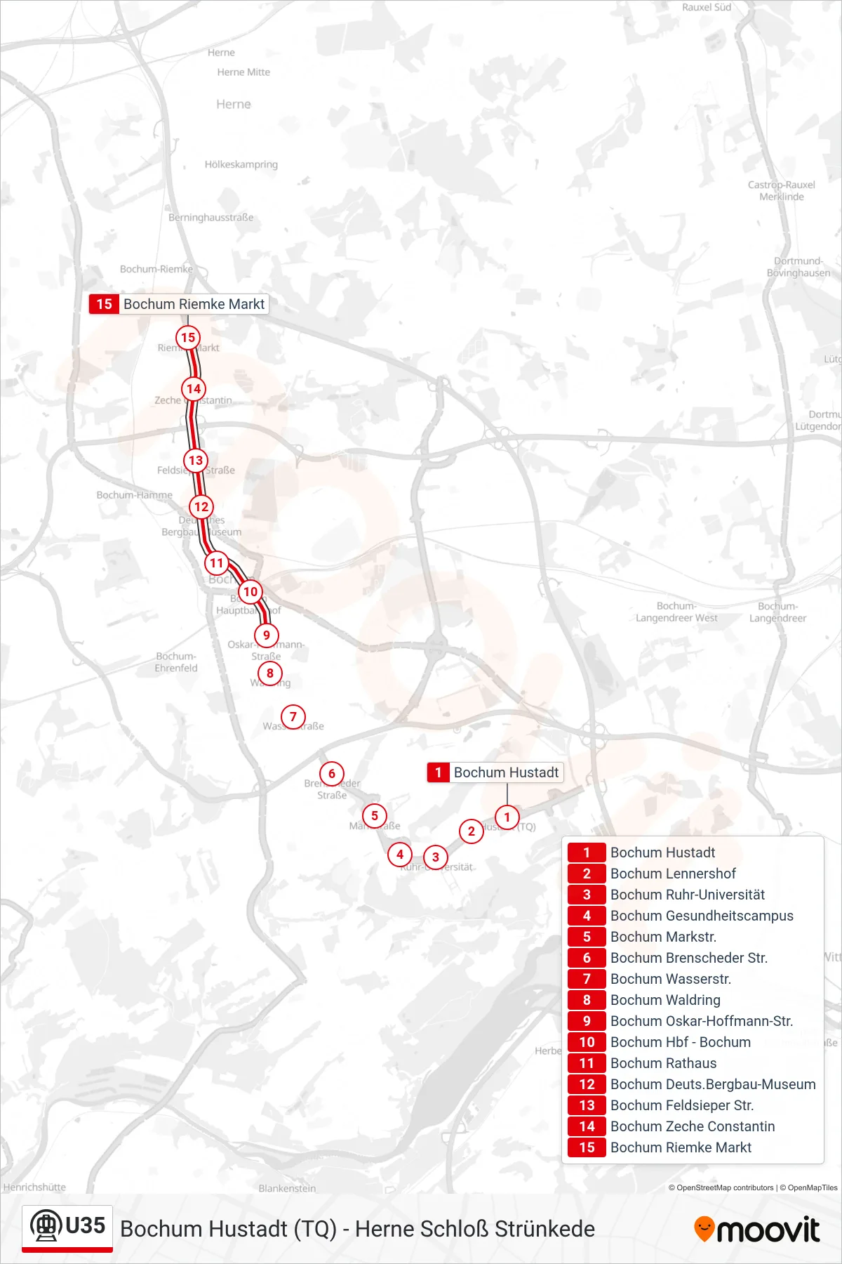 Linie U35 (U-Bahn) Richtung Bochum Riemke Markt: Route und Haltestellen auf der Karte