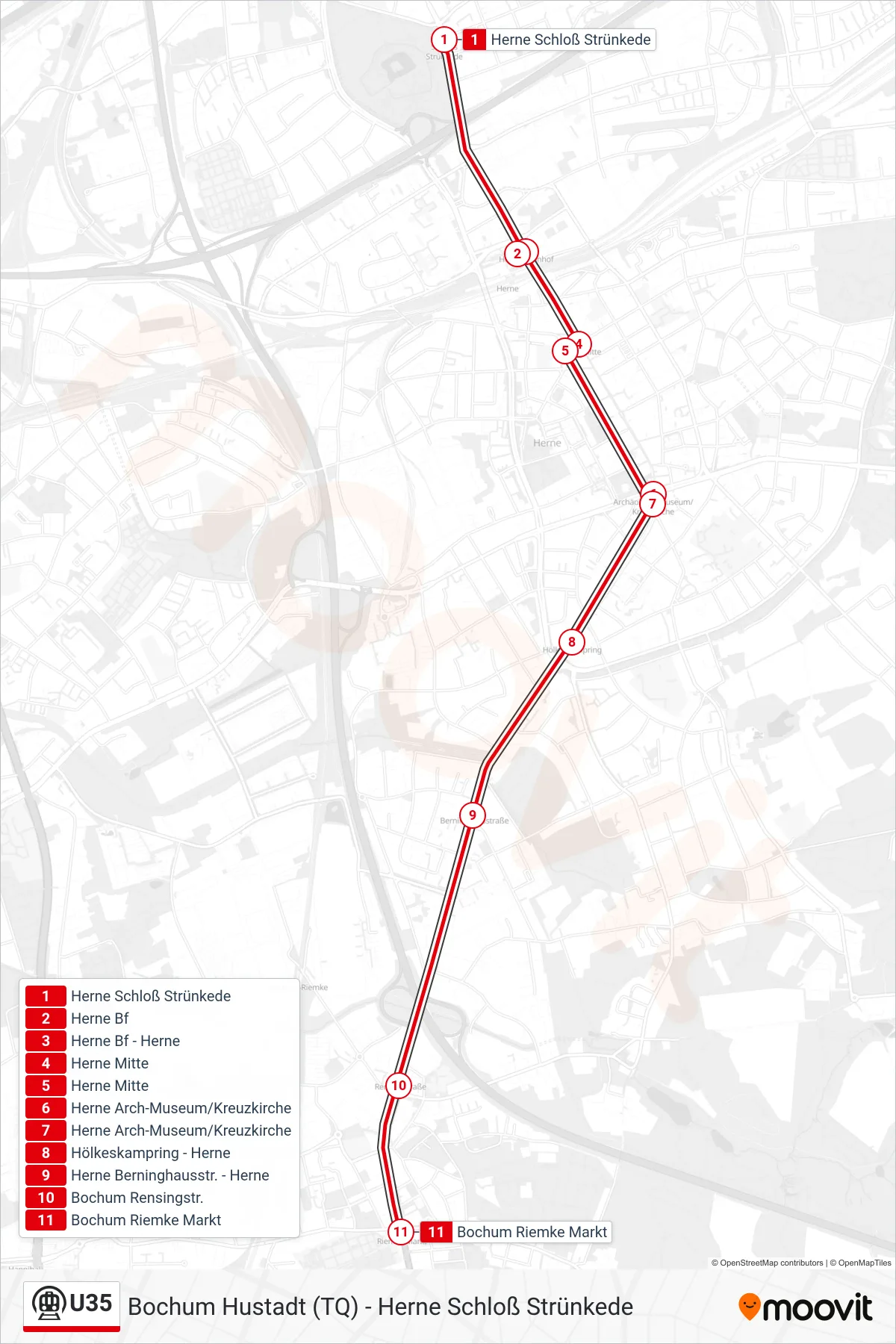 Linie U35 (U-Bahn) Richtung Bochum Riemke Markt: Route und Haltestellen auf der Karte