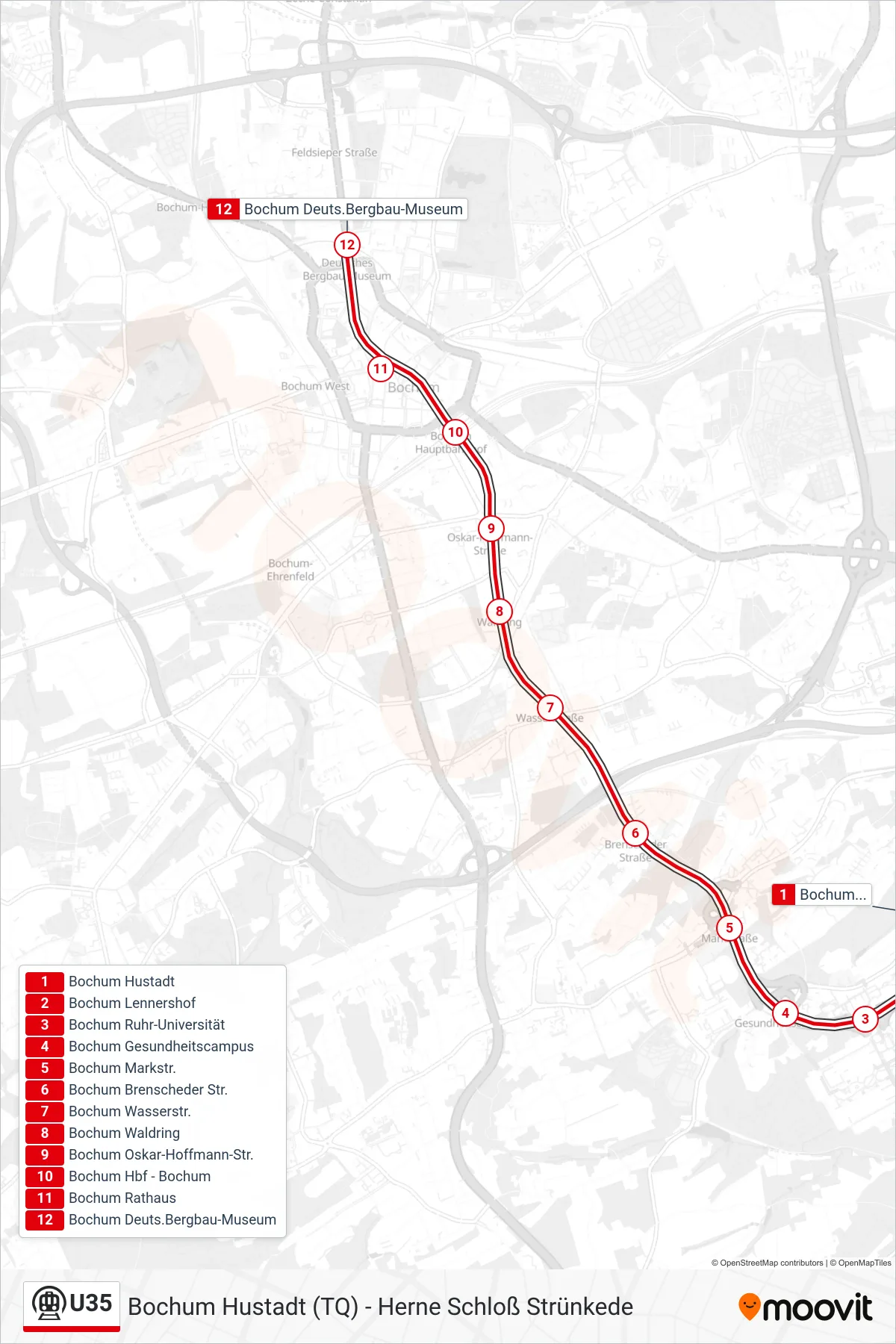 Linie U35 (U-Bahn) Richtung Bochum Deuts.Bergbau-Museum: Route und Haltestellen auf der Karte