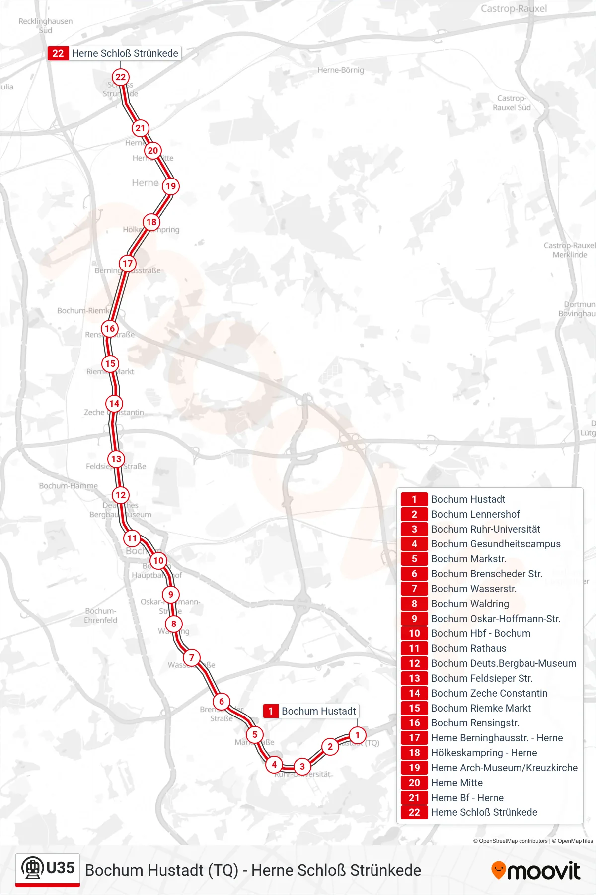 Linie U35 (U-Bahn) Richtung Herne Schloß Strünkede: Route und Haltestellen auf der Karte