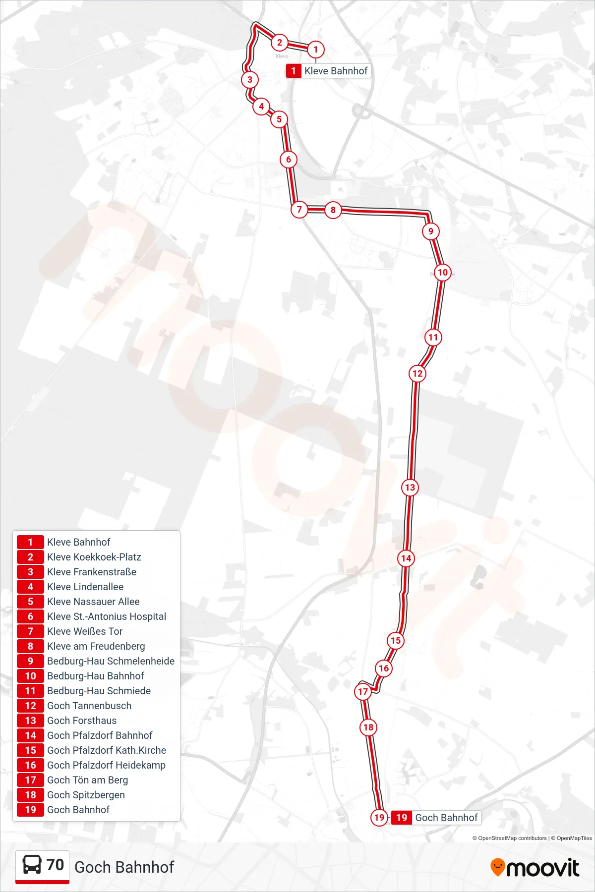 70 bus Line (Goch Bahnhof) route and stops on a map