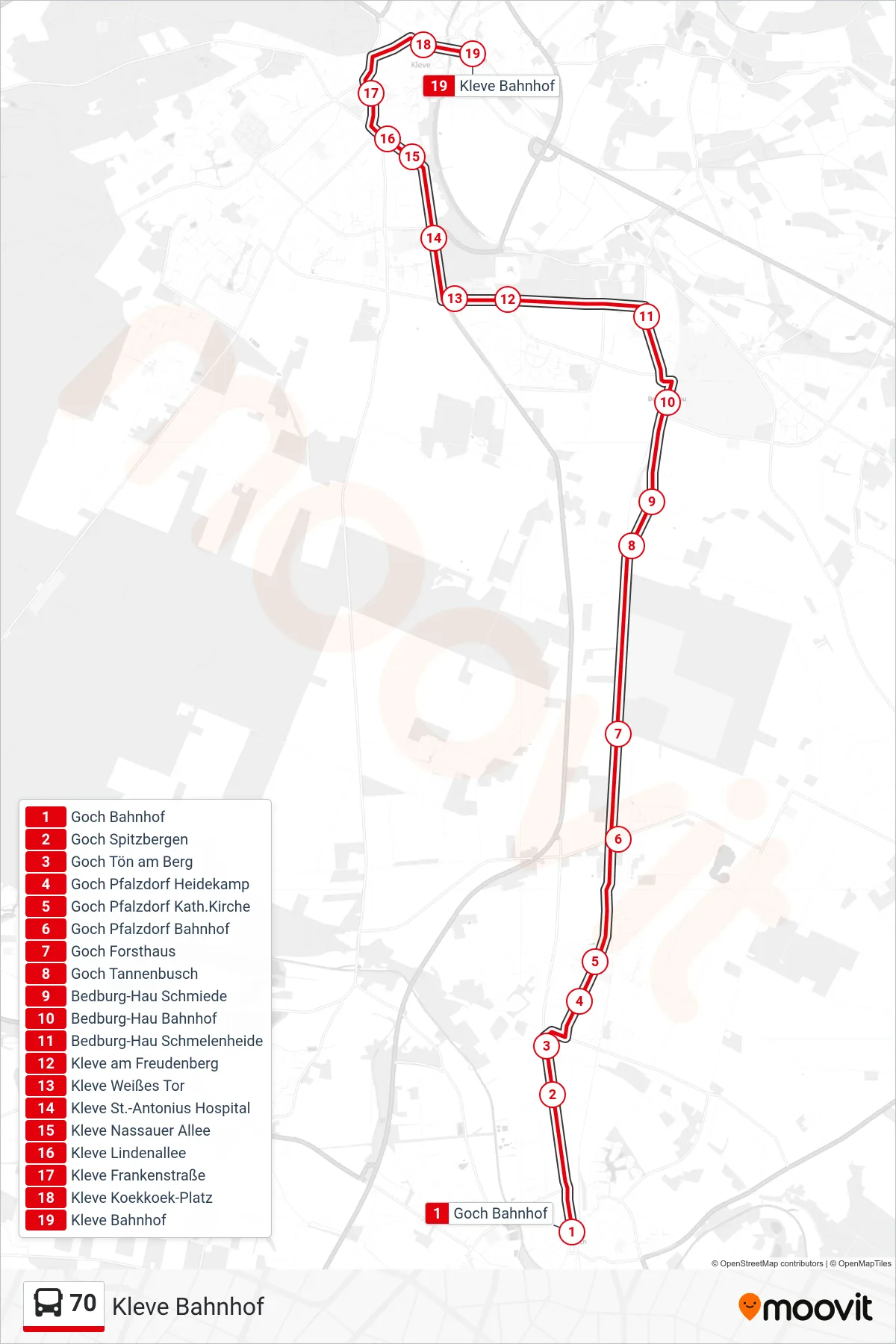 Linie 70 (Bus) Richtung Kleve Bahnhof: Route und Haltestellen auf der Karte