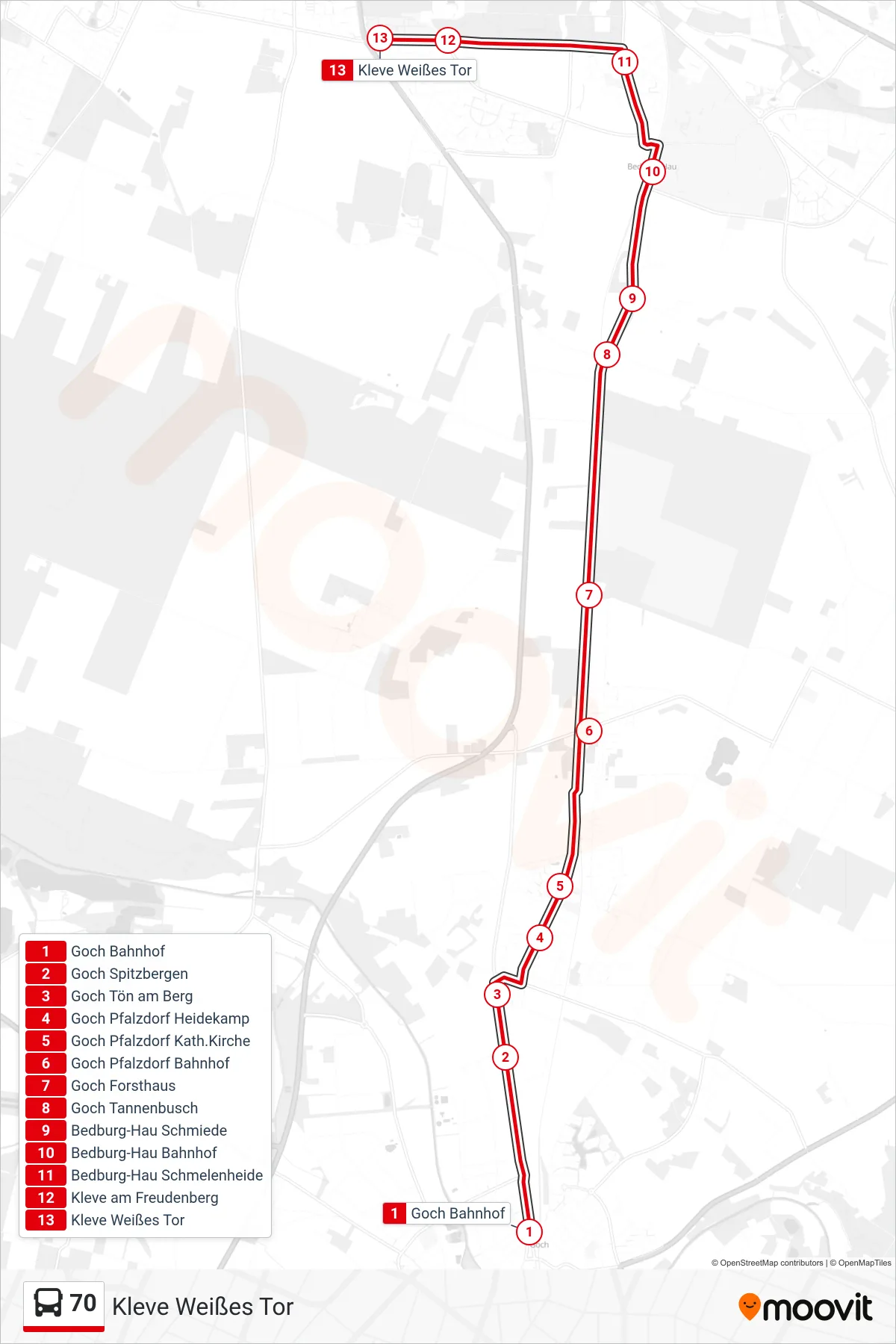 Linie 70 (Bus) Richtung Kleve Weißes Tor: Route und Haltestellen auf der Karte